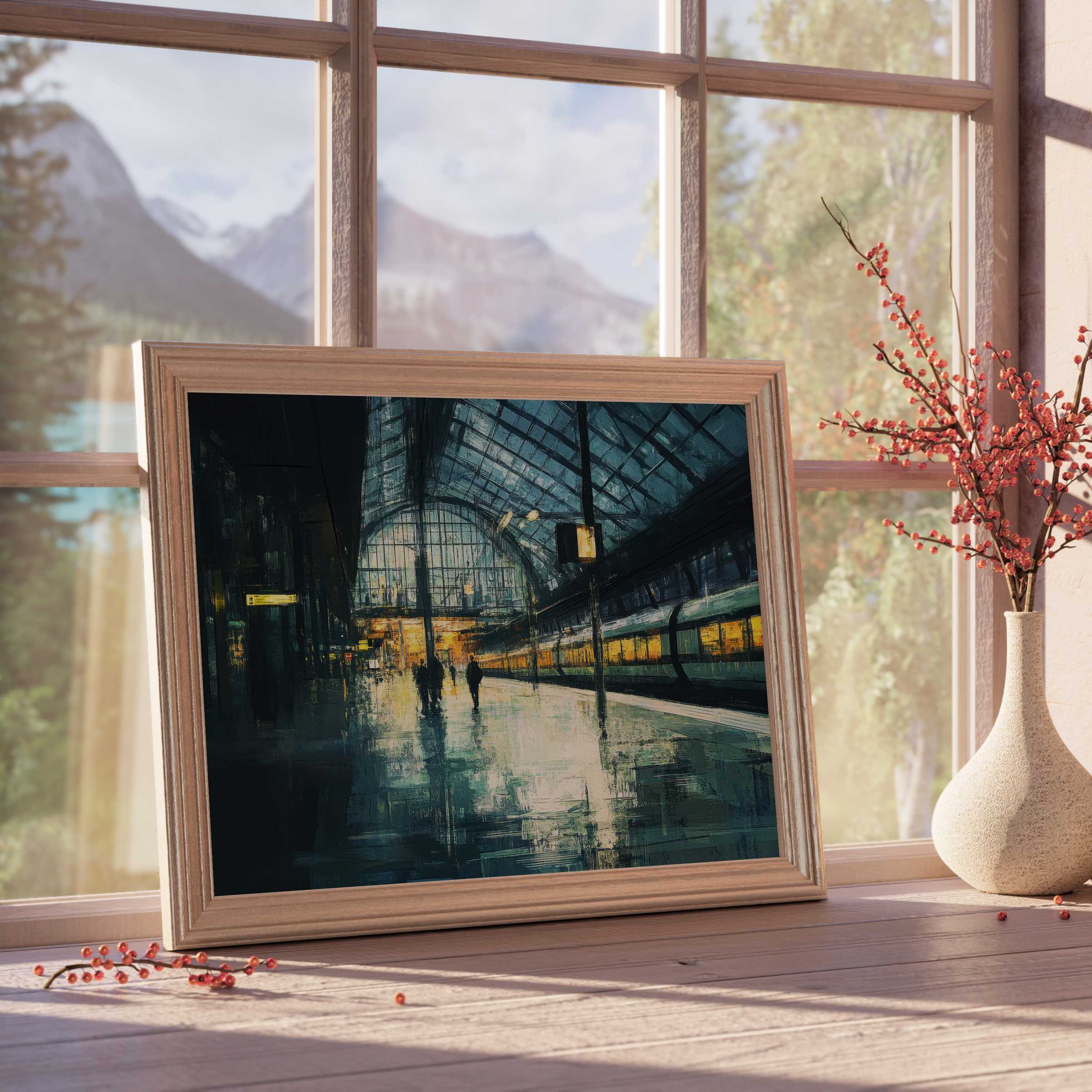 Framed urban downloadable art capturing a luminous train station ambiance, infusing modern interiors with serene, curated elegance and vibrant city energy