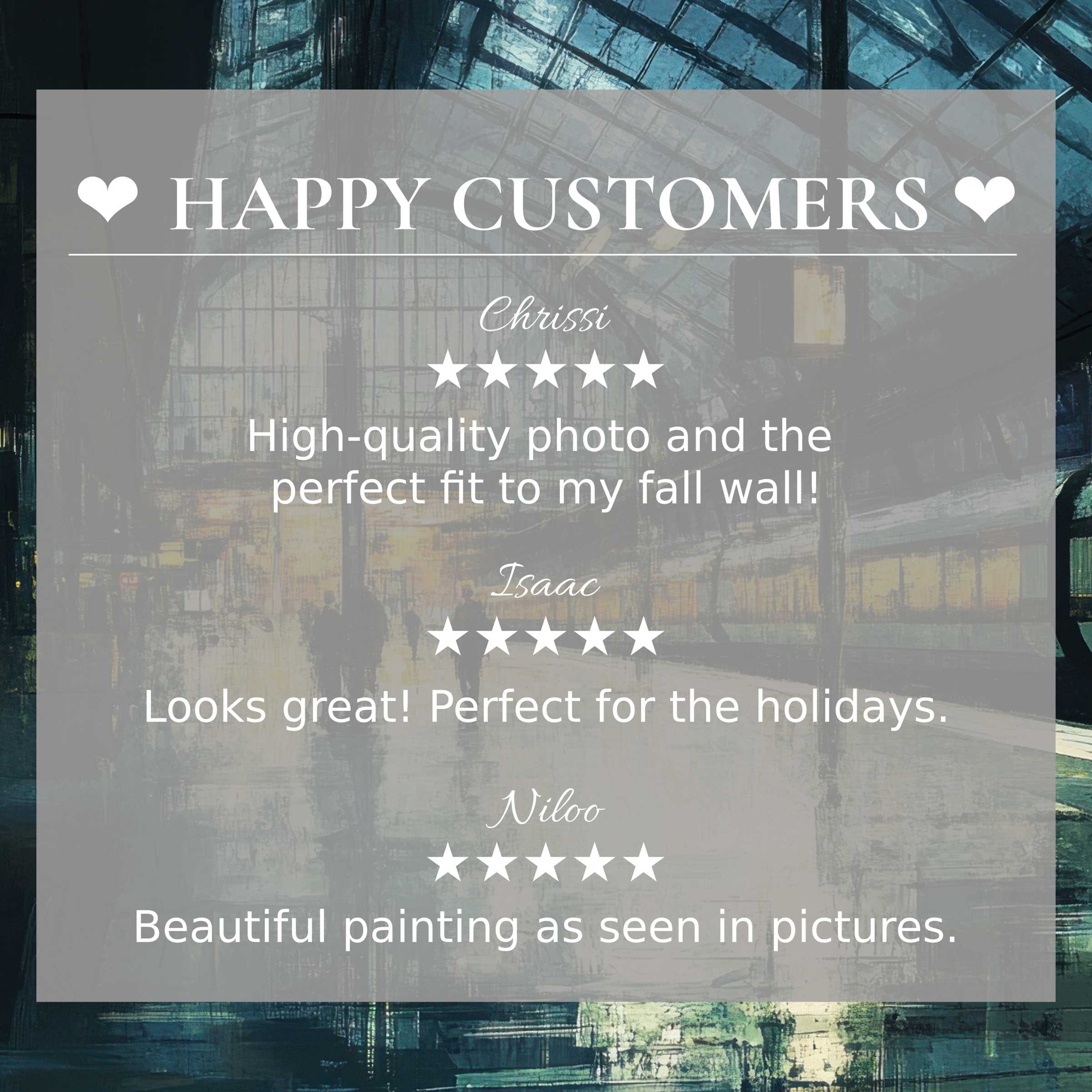 Urban art for Frame TV with blue industrial tones, happy customer quotes build trust and showcase elegance