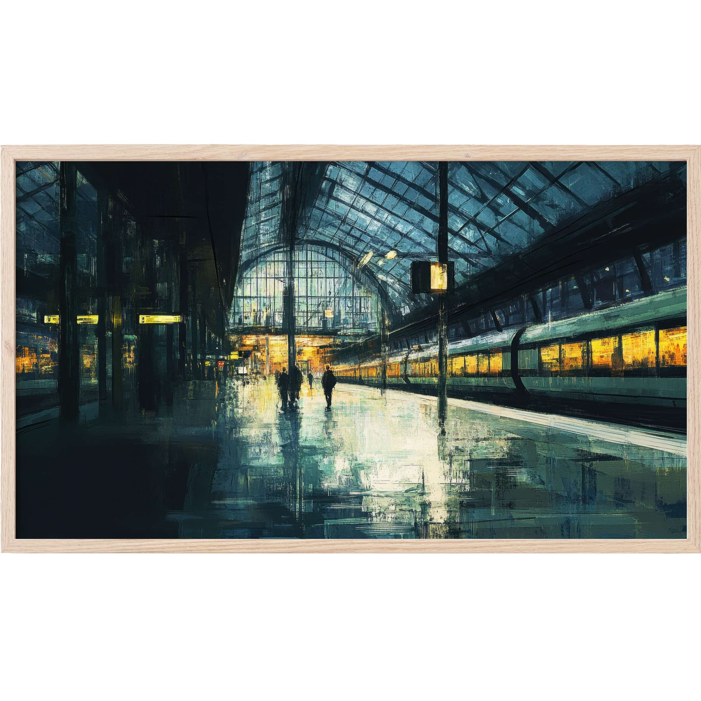 Urban Frame TV Art depicting a moody train station at dusk, with deep blues and warm amber light reflections