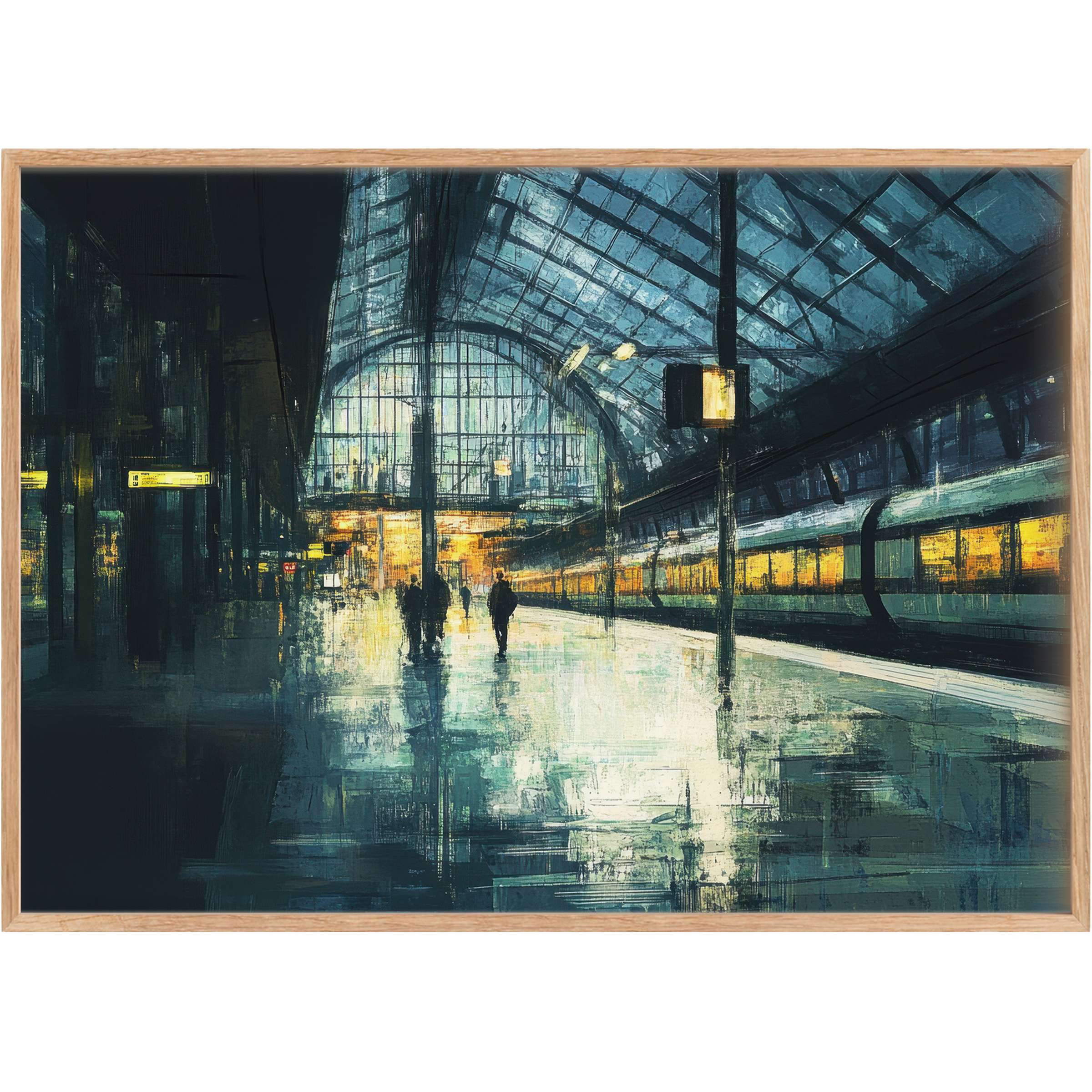 Urban printable wall art captures a serene, reflective city station bathed in cool blues and warm golden lights, evoking quiet anticipation