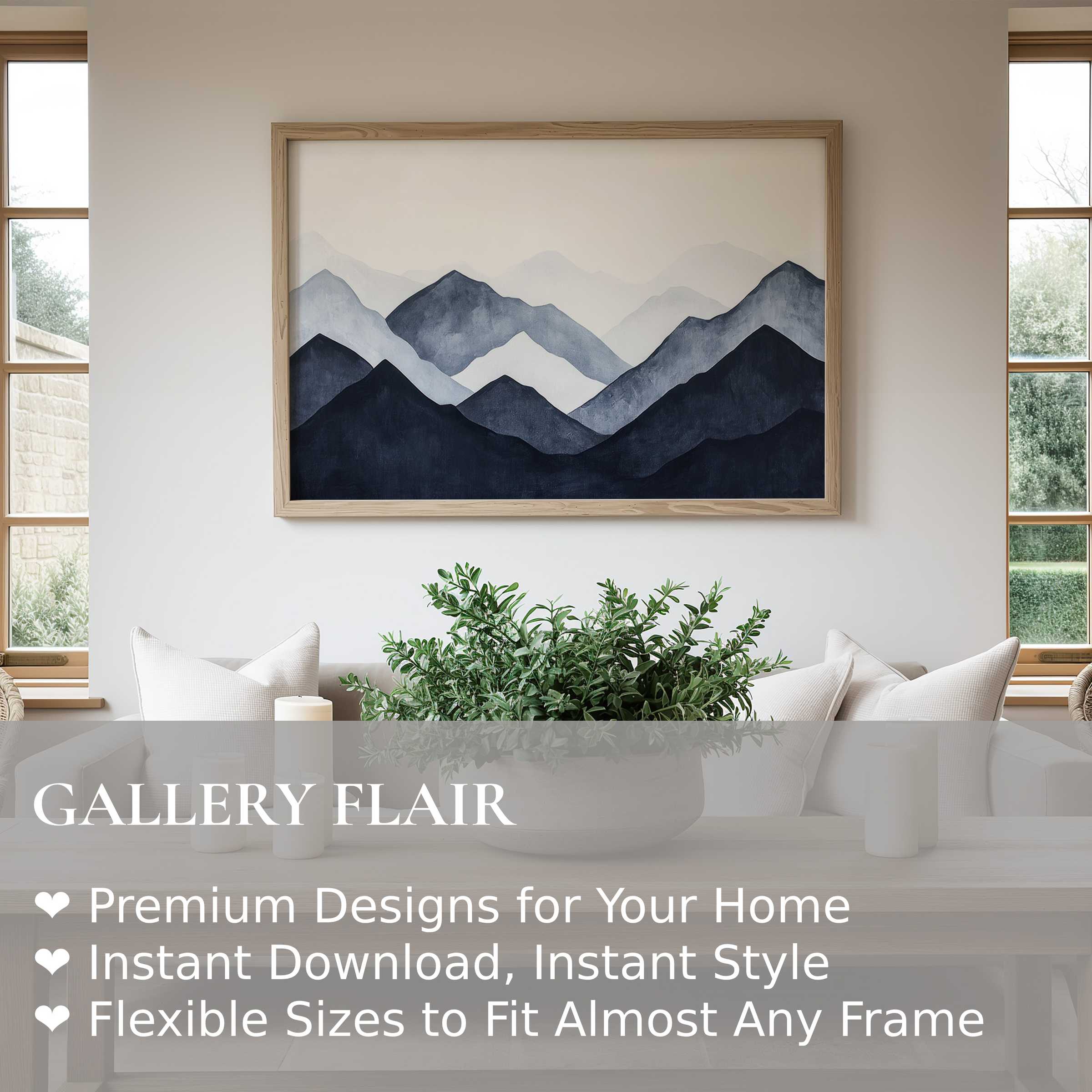 Modern wall art print featuring serene layered mountain silhouettes in muted blues, enhancing a minimalist living space with calming, contemporary elegance