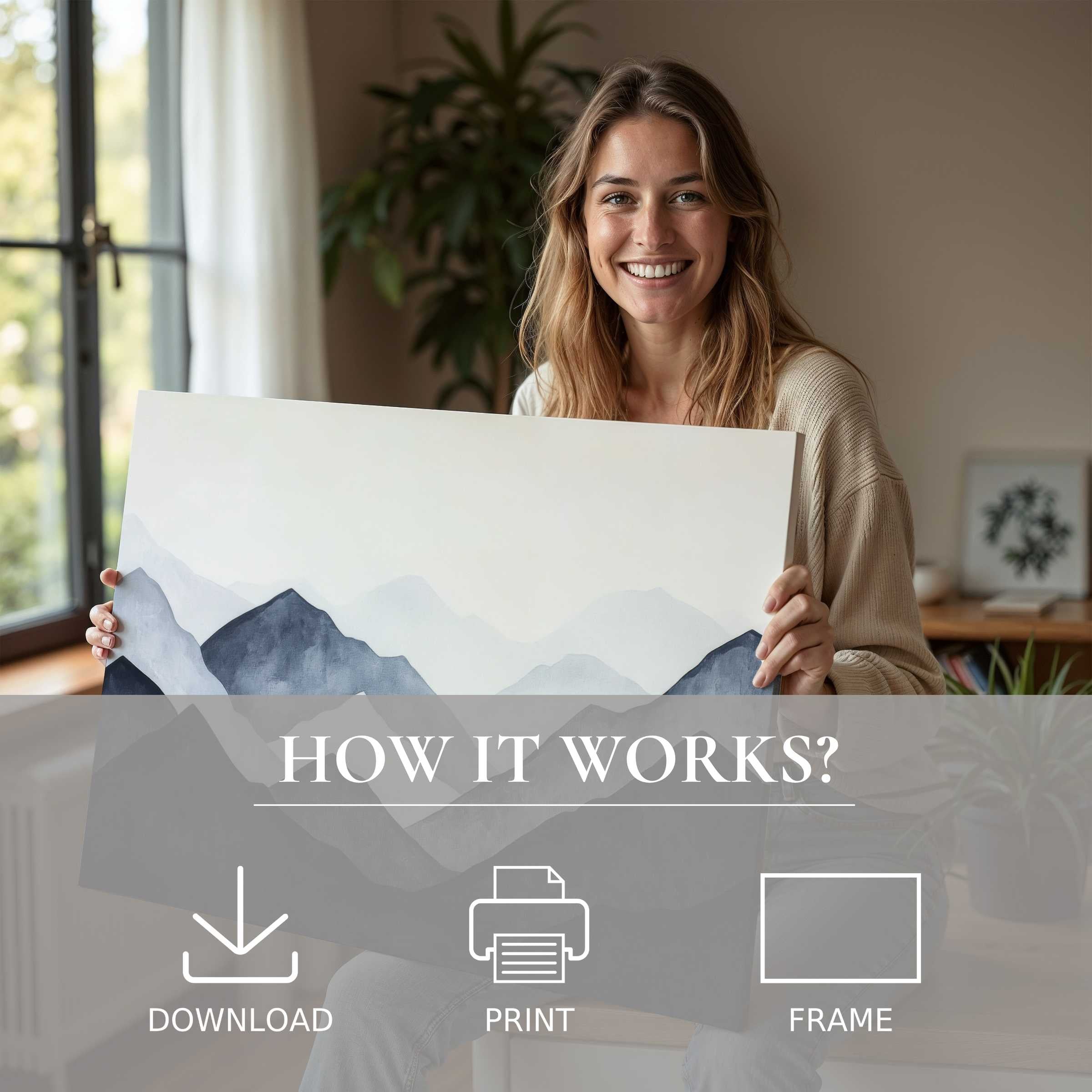Bright-eyed woman in a serene, stylish home embraces a modern digital art print, capturing connection and joy with ease