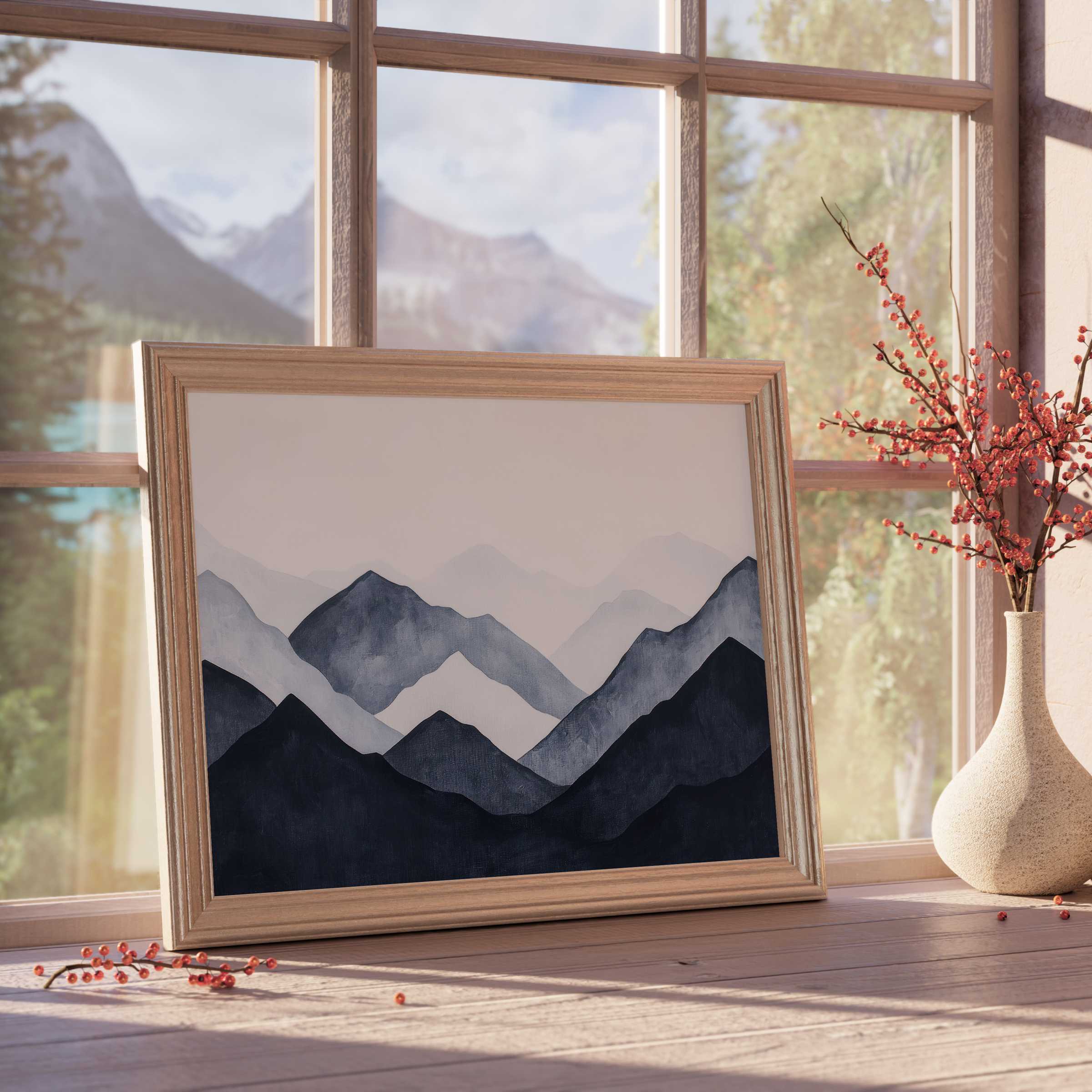 Modern downloadable art of layered mountain silhouettes in serene navy and gray tones, elevating tranquil, design-forward interiors