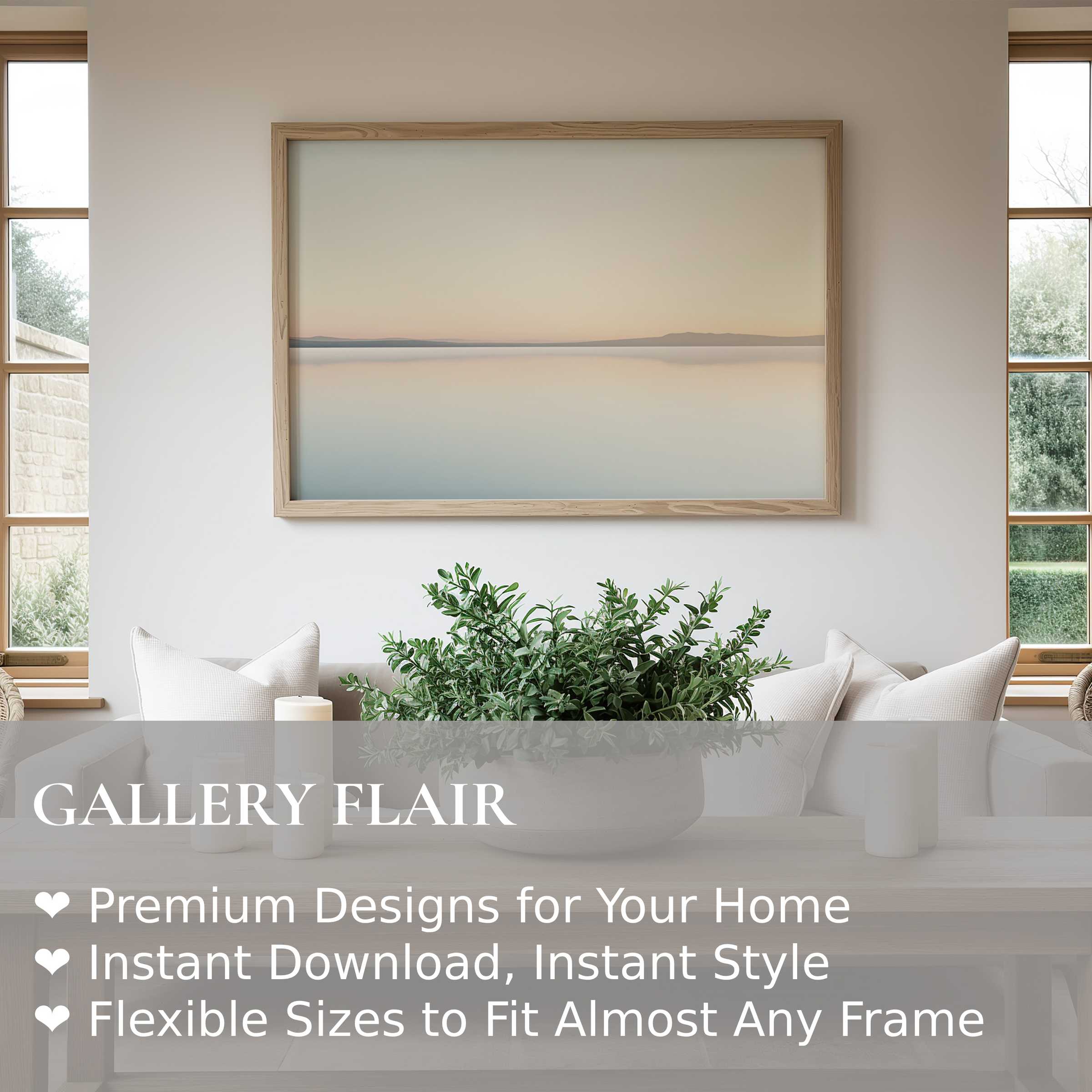 Serene neutral wall art print showcasing a soft horizon in calming beige and blue hues, enhancing minimalist modern interiors with tranquil elegance