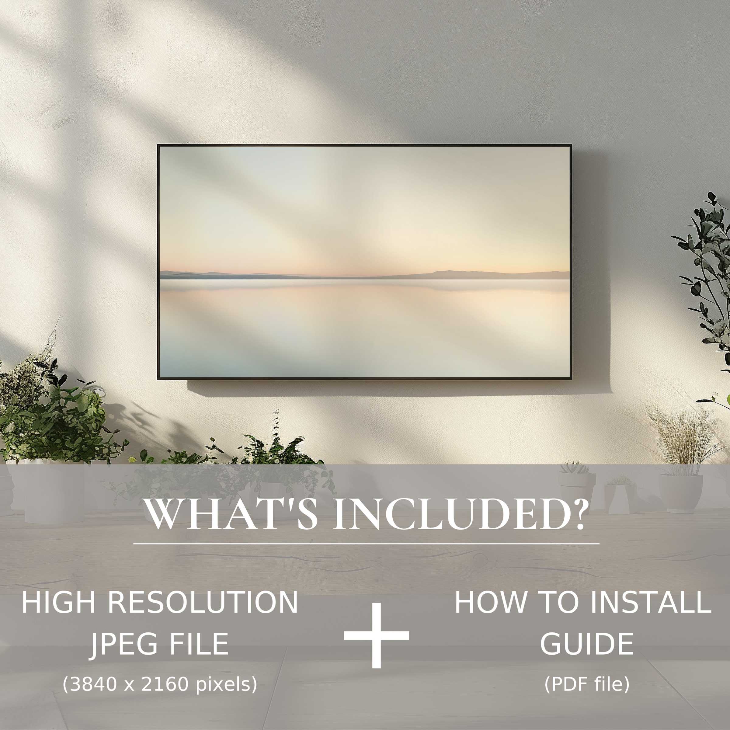 Elegant living room with neutral digital TV art download, enhancing ambiance via easy digital use and serene visuals