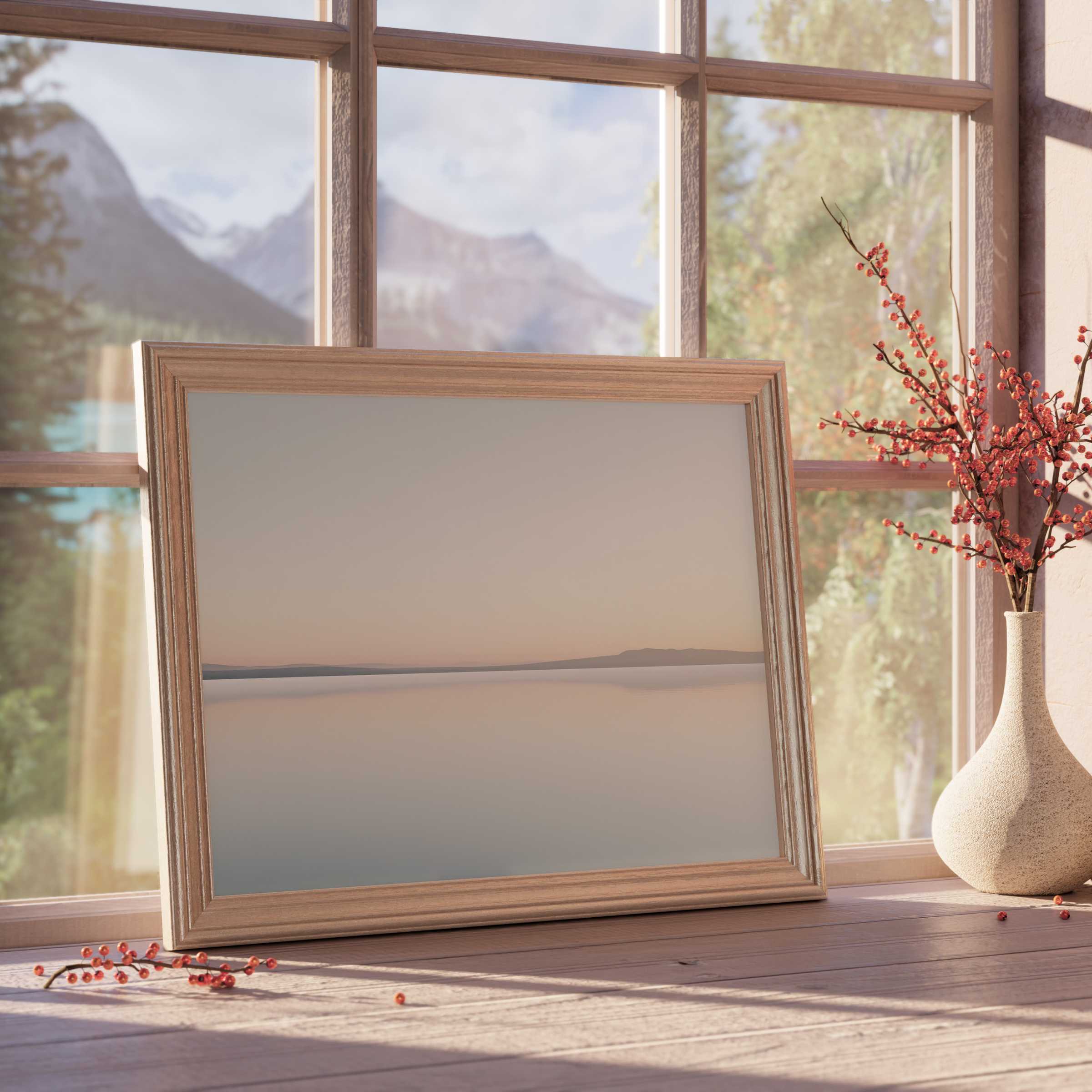 Serene neutral downloadable art with soft beige hues and gentle horizon, elevating tranquil, curated interior spaces