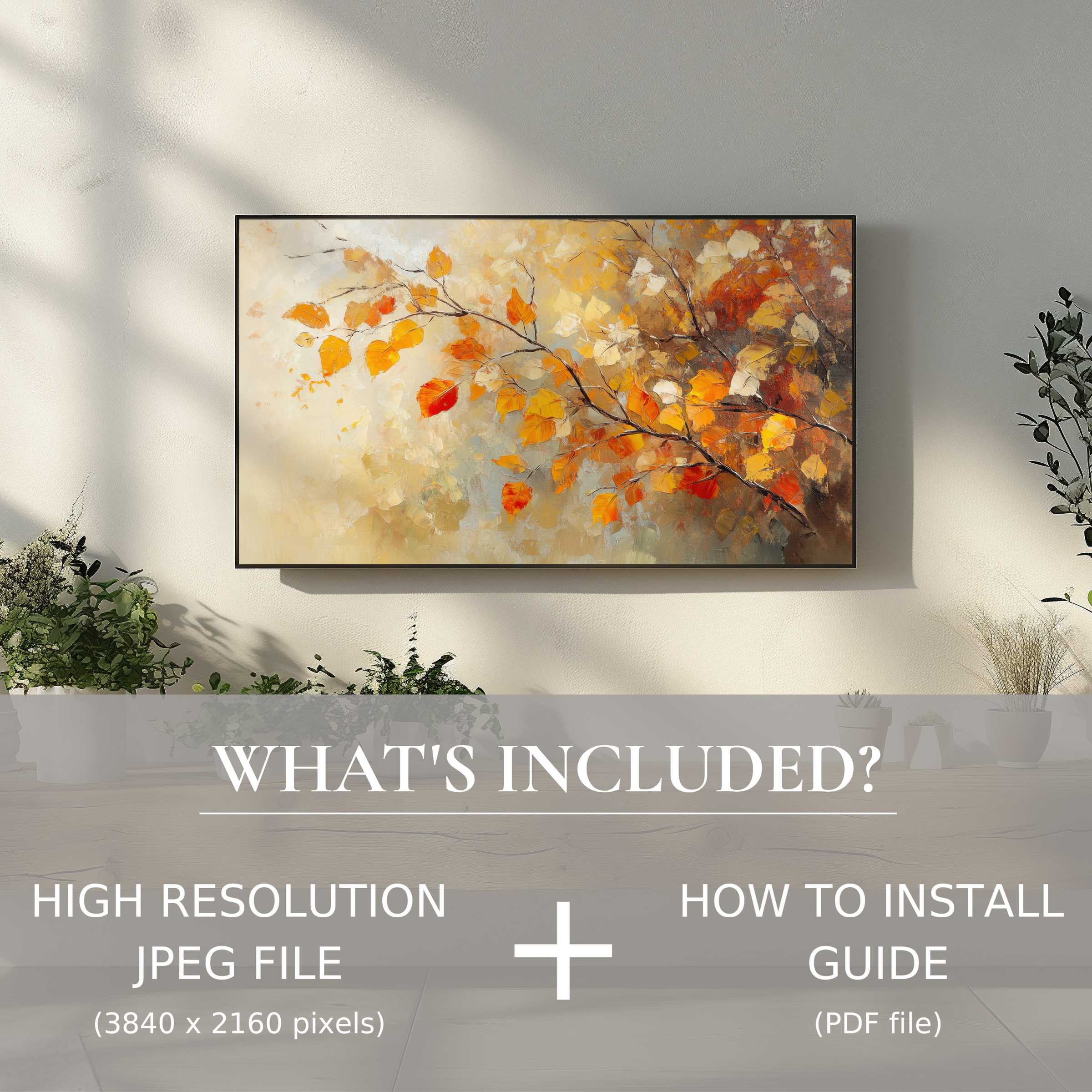 Elegant tree digital TV art download with vivid autumn leaves, easy digital use to elevate your living space instantly