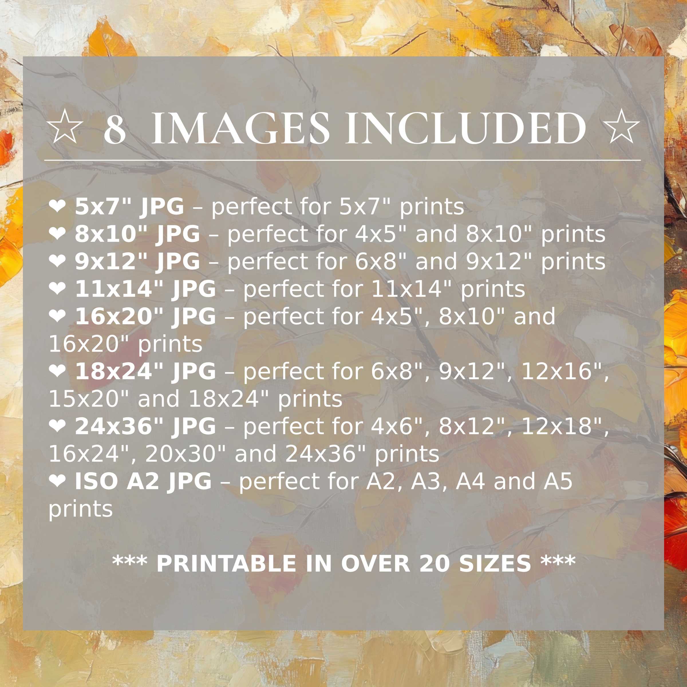 Print size guide showing 8 included JPG formats for versatile wall art printing – perfect for framing in popular sizes from 5x7 to 24x36 and A2