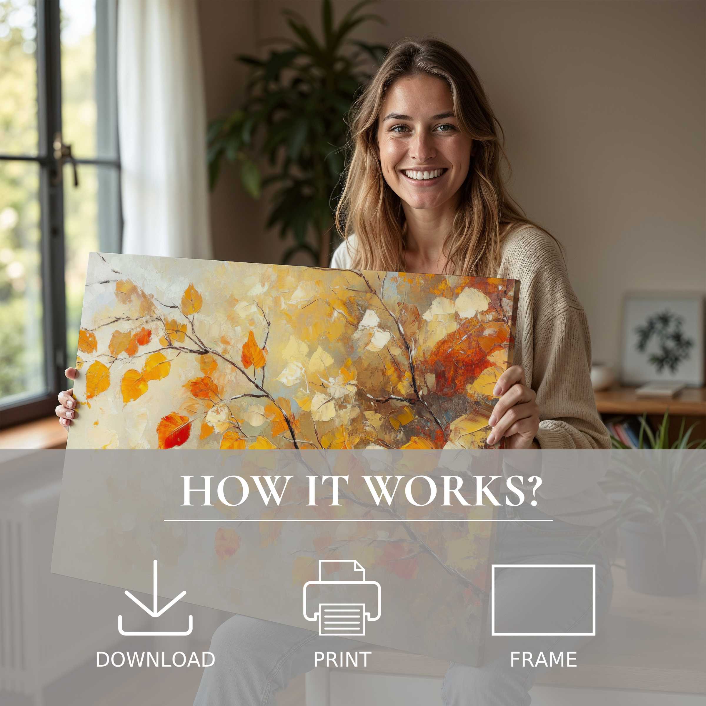 Radiant tree digital art print embraced in a sunlit modern home, evoking warmth and joyful artful connection