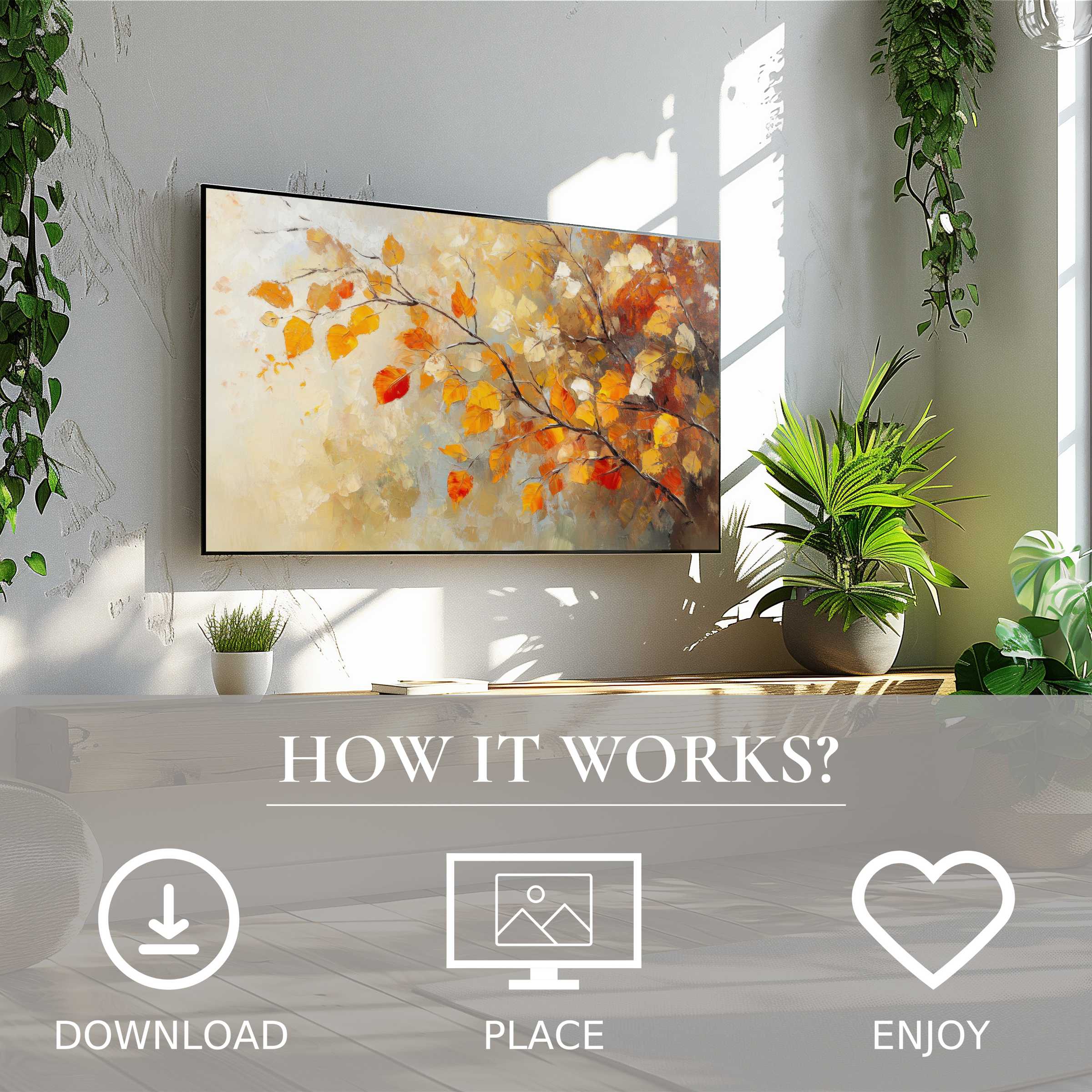 Tree art for Samsung TV with soft autumn tones, easy digital download to enhance any modern living space
