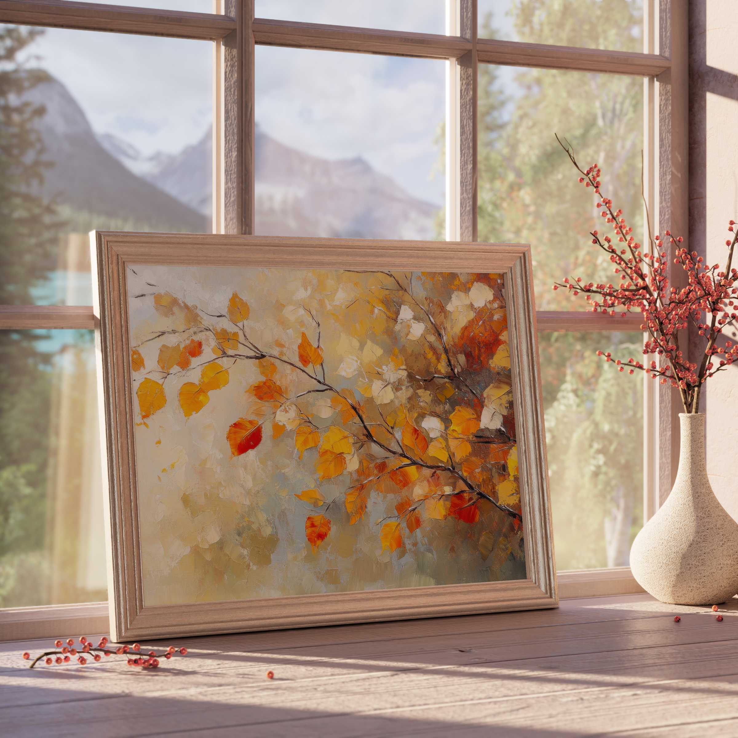 Warm and tranquil tree downloadable art with autumnal hues, elevating curated interiors with elegant, nature-inspired design-forward charm