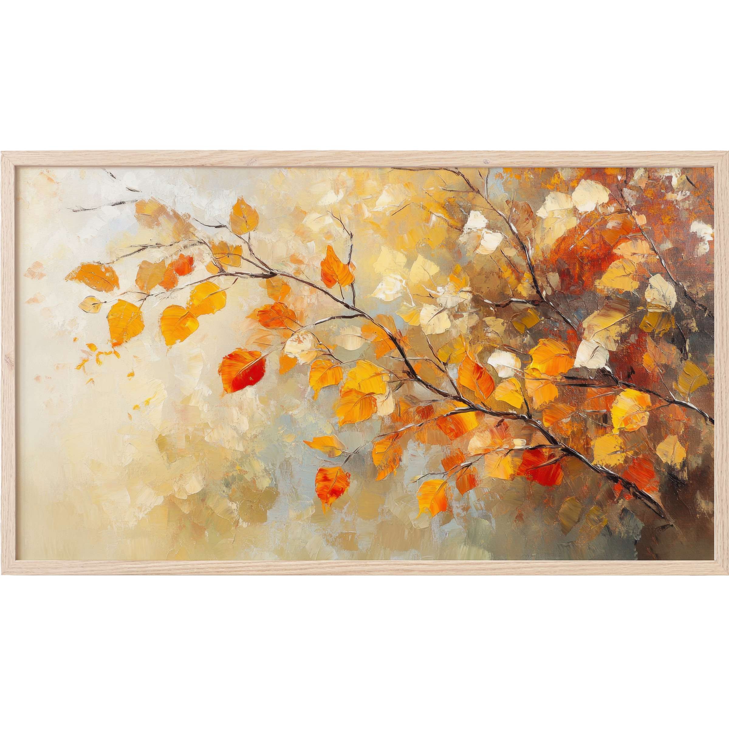 Elegant autumn branch with warm orange and gold leaves in a soft impressionist style, tree Frame TV Art