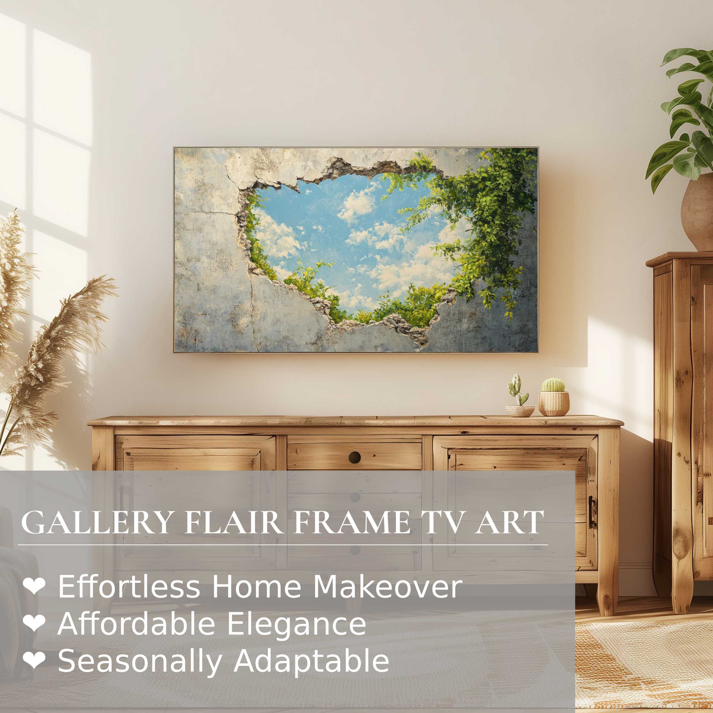 Samsung Frame TV displays vibrant street art digital artwork of nature breaking through an urban wall in a serene setting