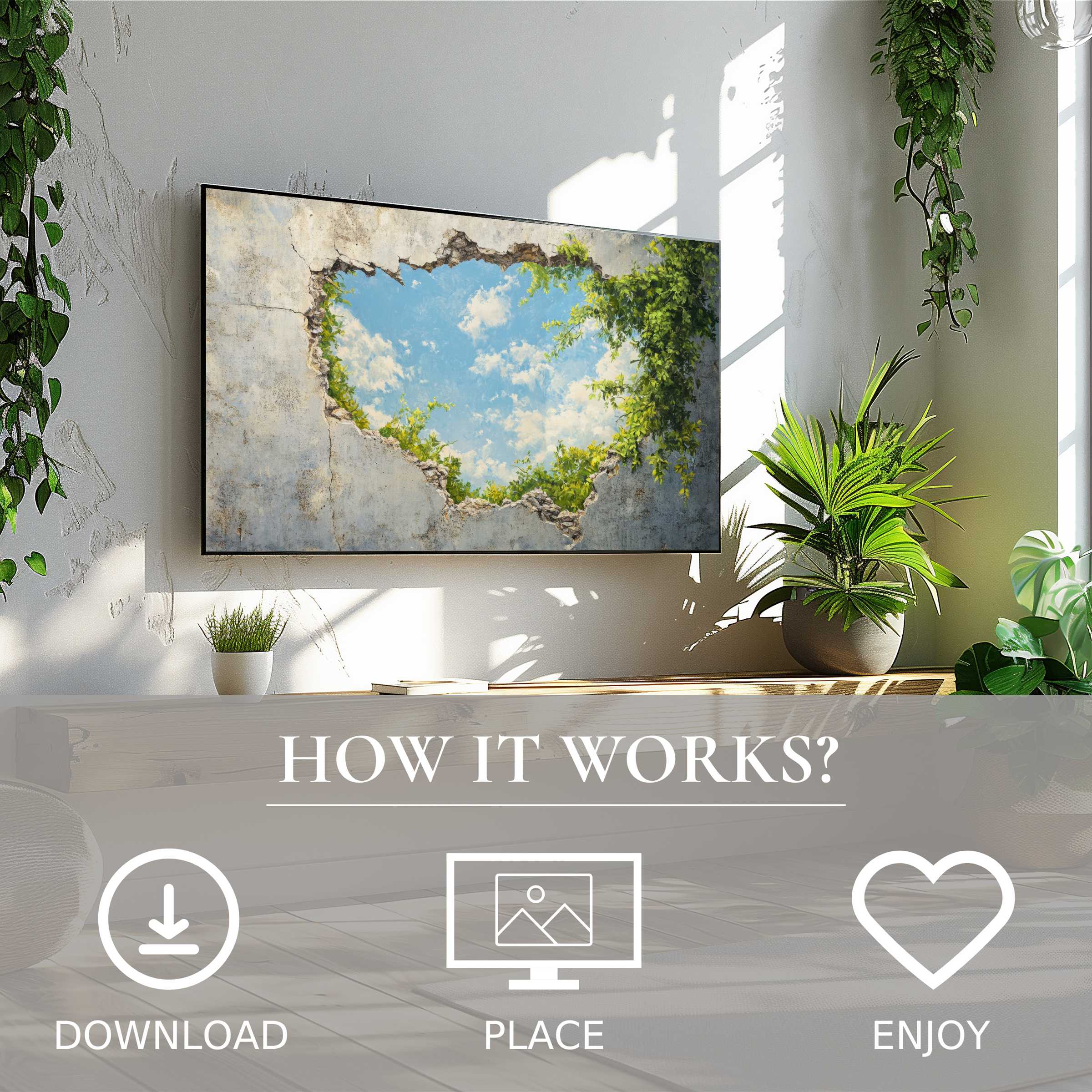 Modern living room with street art for Samsung TV; digital download shows broken wall motif with blue sky