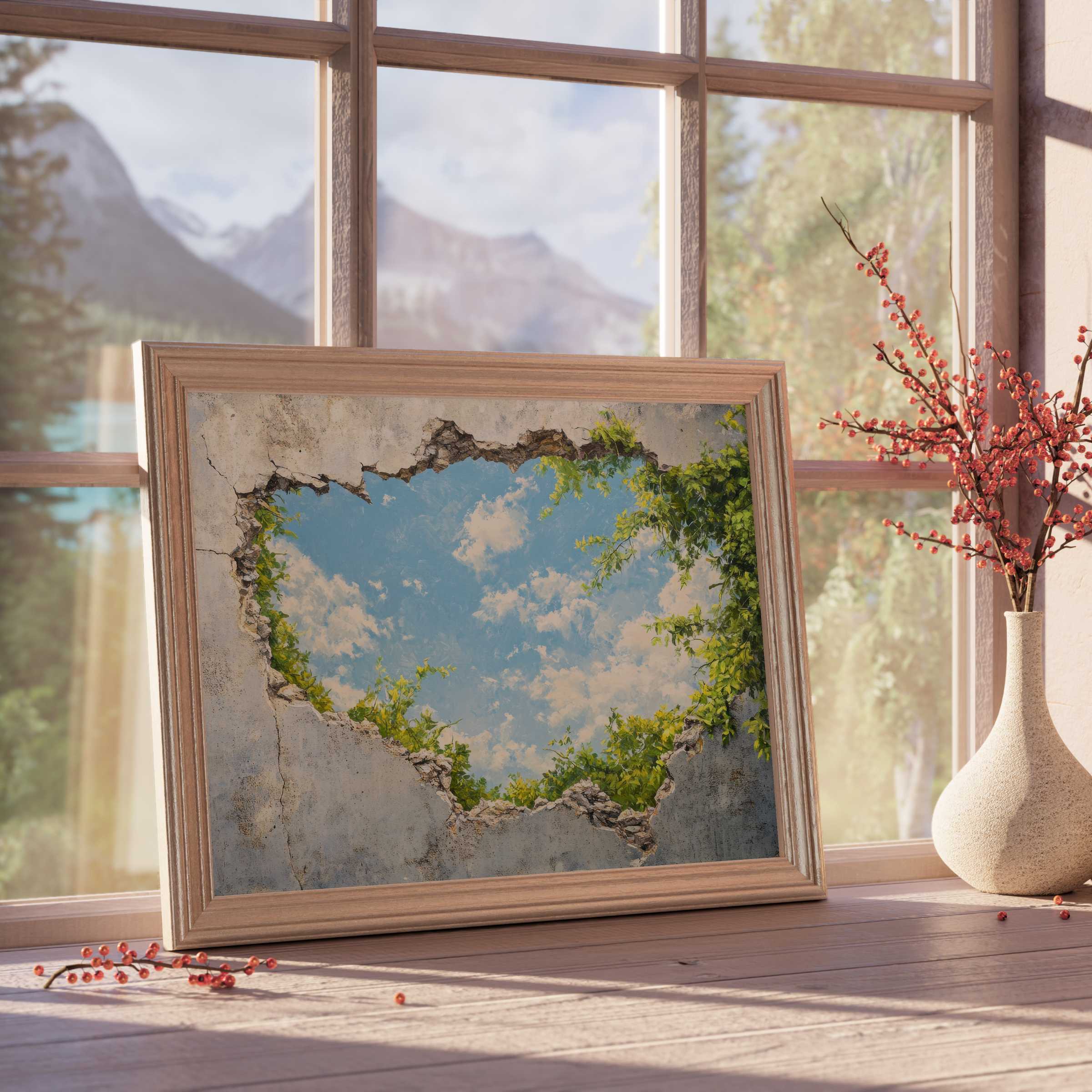 Sun-kissed street art downloadable art with an open-sky illusion, infusing warm, serene vibes into curated modern interiors