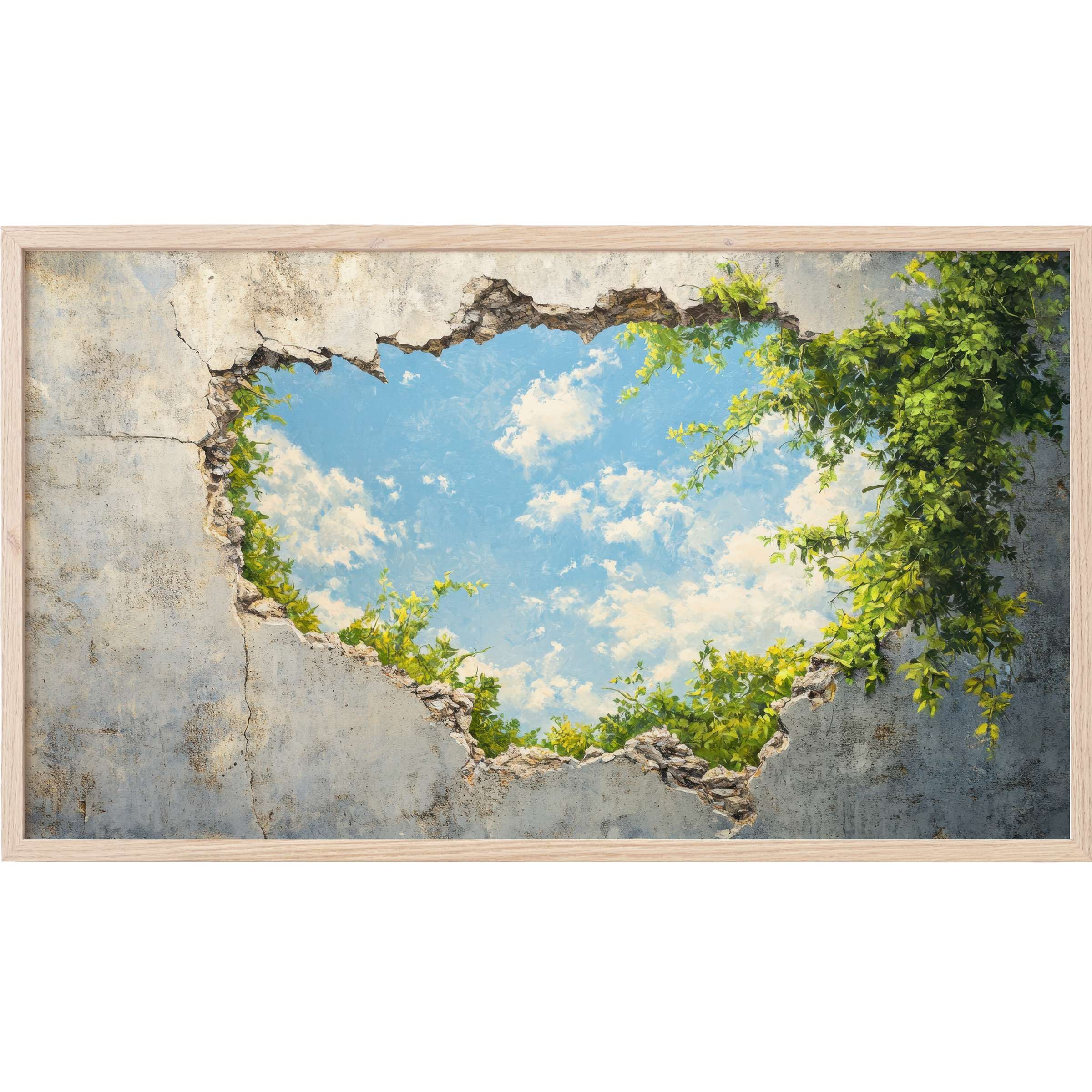 Street art Frame TV Art showing a cracked wall with lush greenery revealing a bright blue sky and clouds