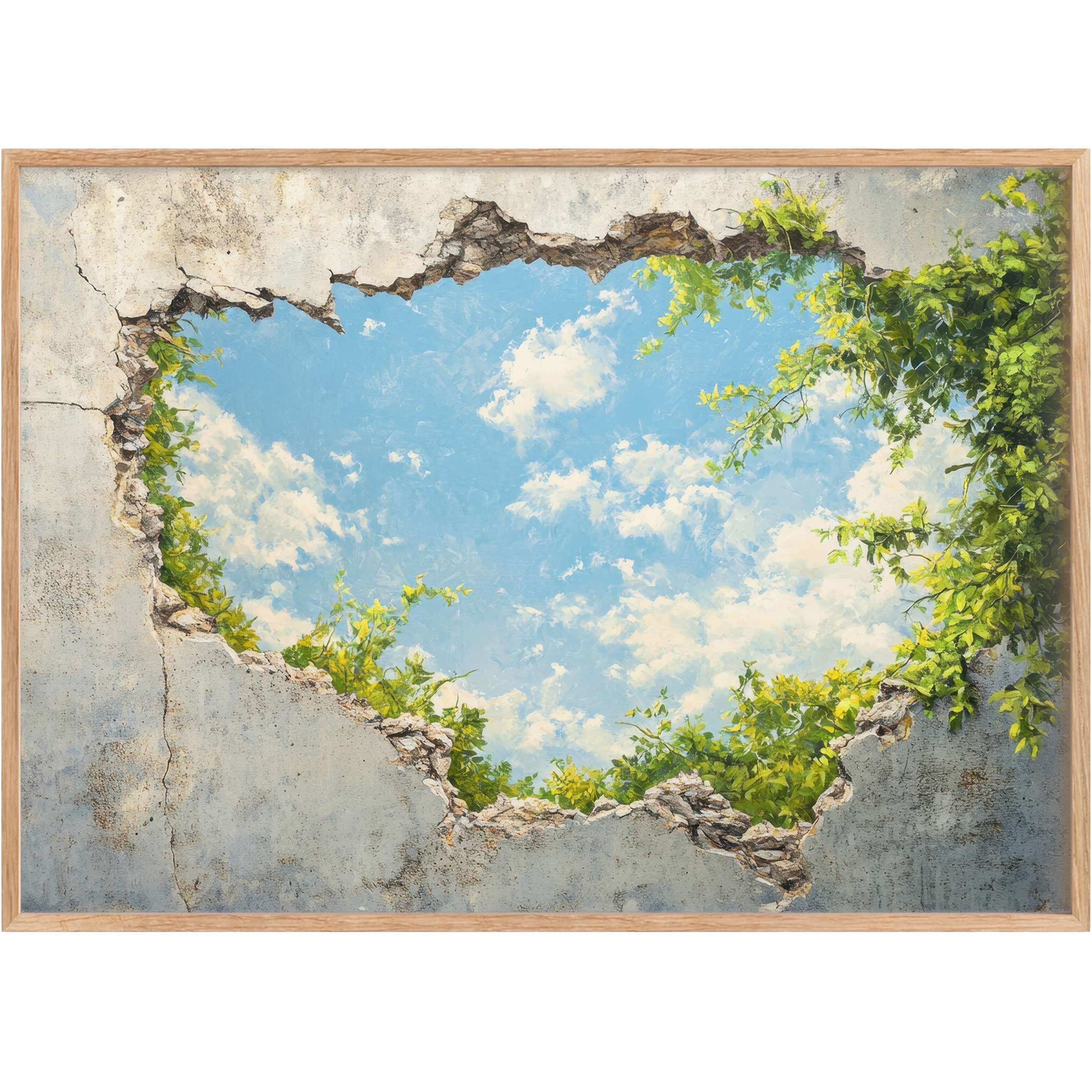 Captivating street art printable wall art revealing a serene sky with lush greenery through a rustic stone frame, evoking calm and renewal