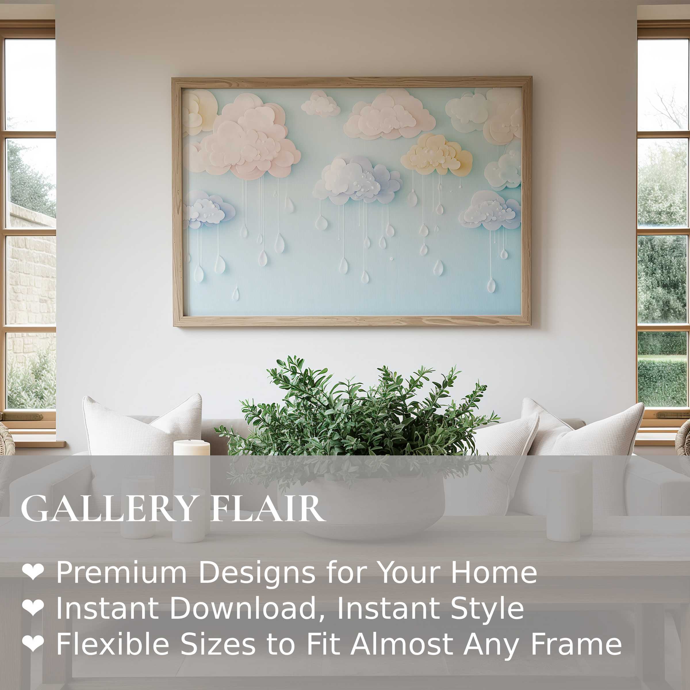 Nursery wall art print with soft pastel clouds and raindrops, enhancing modern minimalist decor with calming, dreamy ambiance