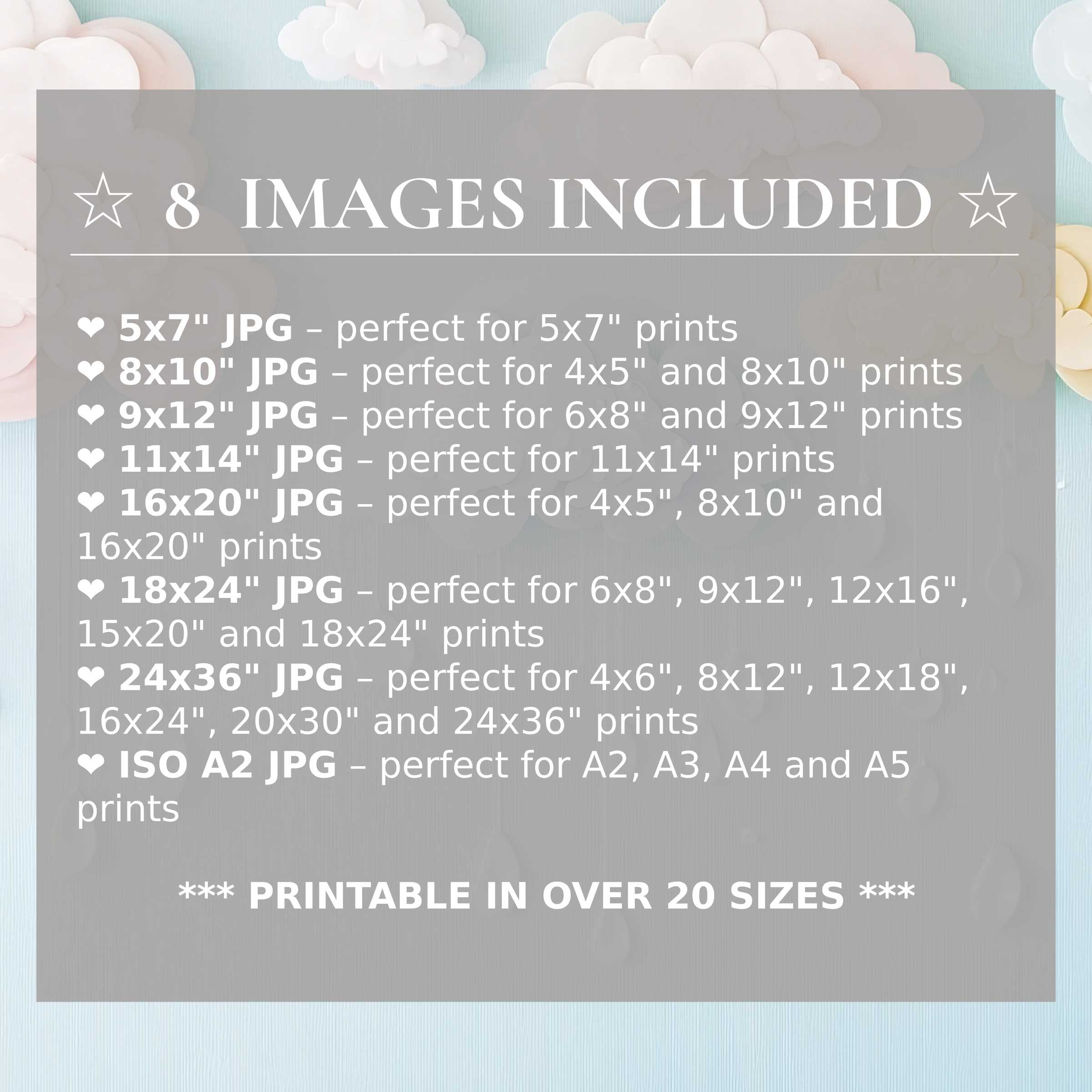 Nursery digital print radiates soft pastels and calming whites, enhancing modern interiors with style; includes 8 high-quality sizes