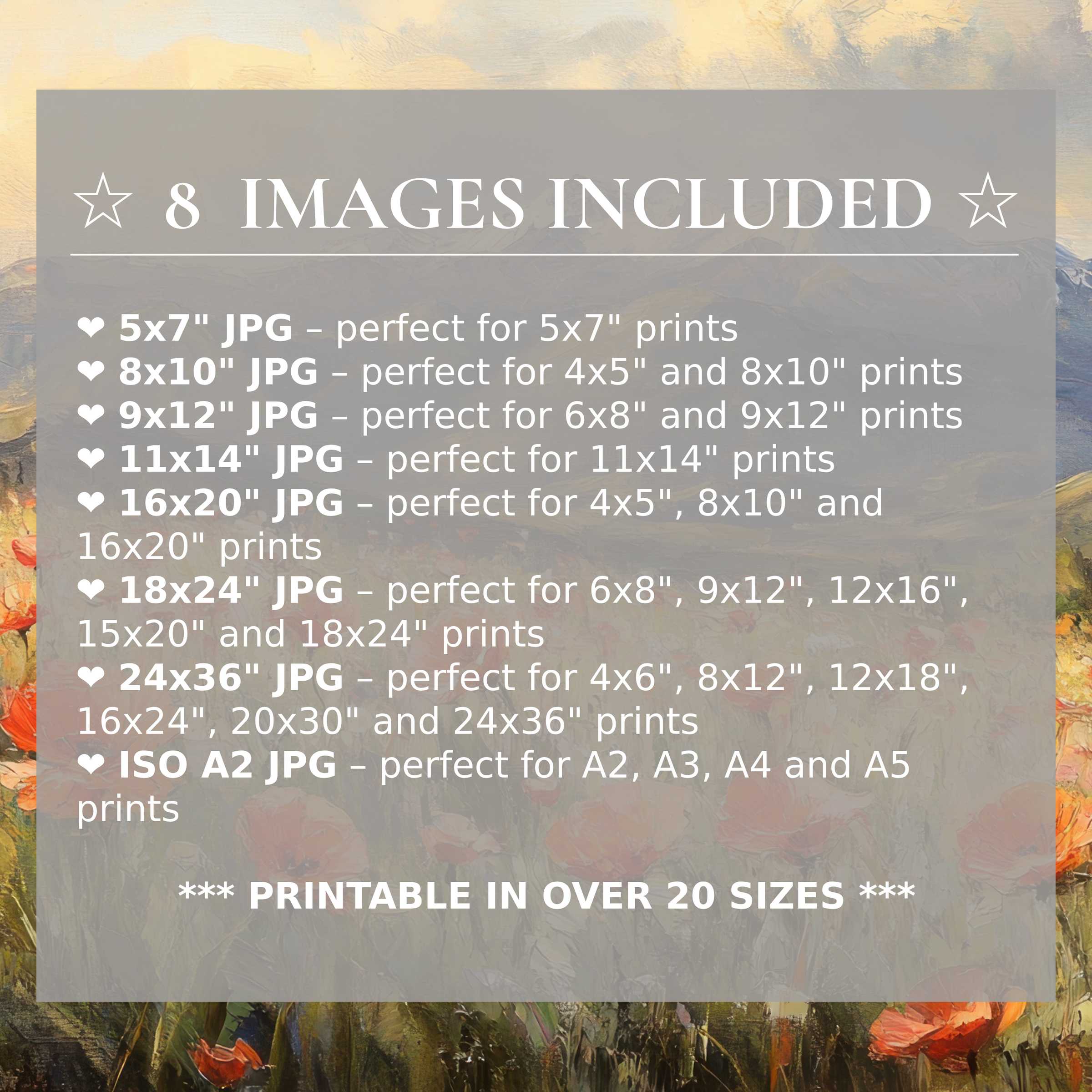 Radiant vintage digital print in warm golden hues and soft floral accents, elevating modern interiors with timeless style and 8 included sizes