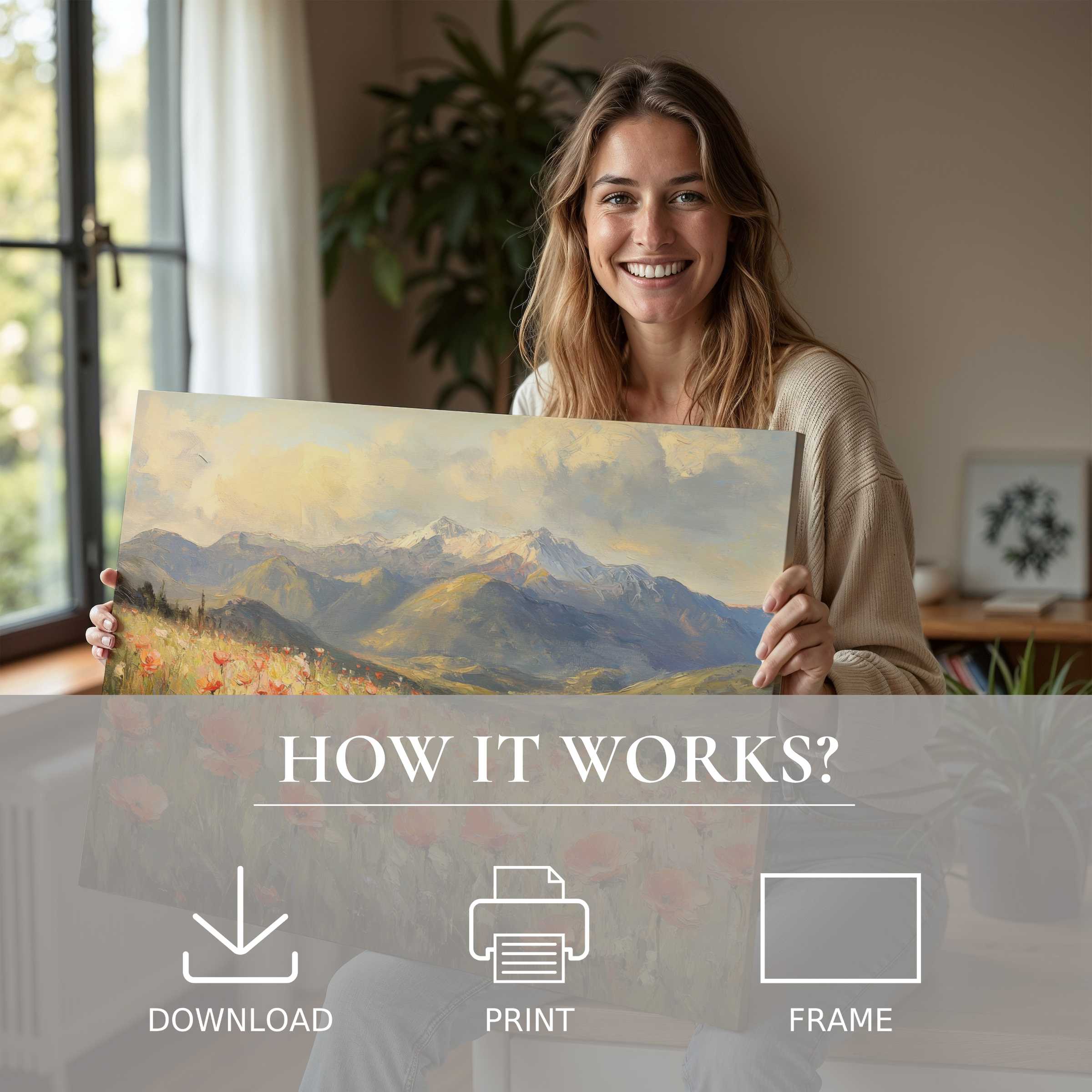 Radiant joy resonates as a vintage digital art print breathes timeless serenity into a chic, modern living space