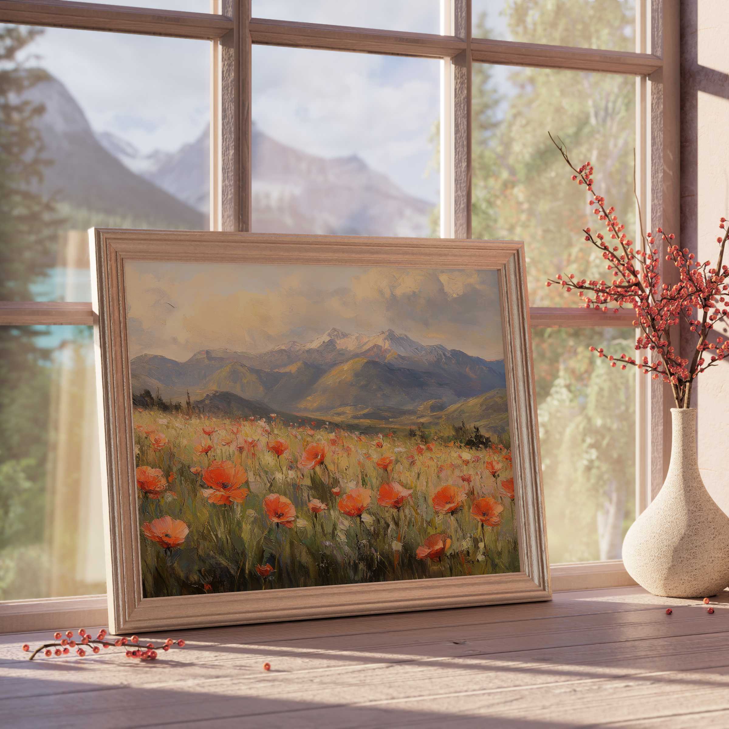 Vintage downloadable art of vibrant poppies in golden light, enriching curated interiors with timeless warmth and serene mountain allure