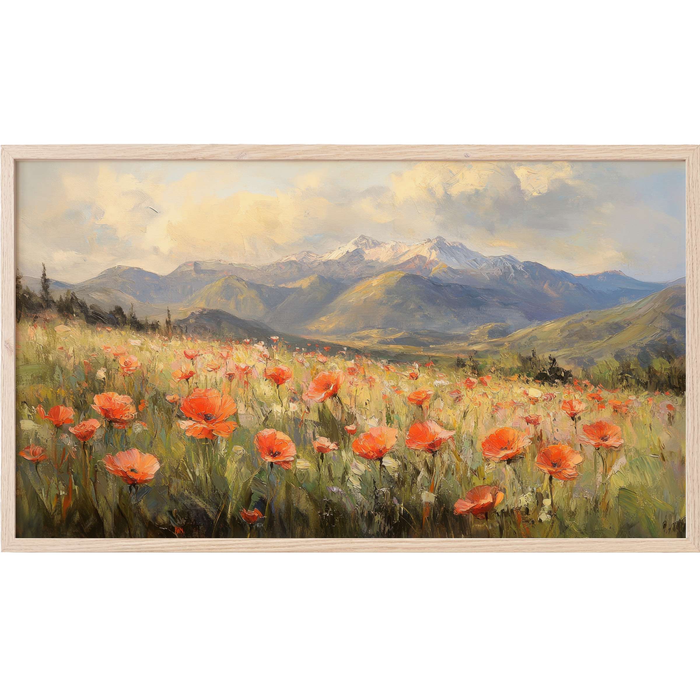 Elegant vintage Frame TV Art of a blooming poppy field with distant mountains under soft, muted skies