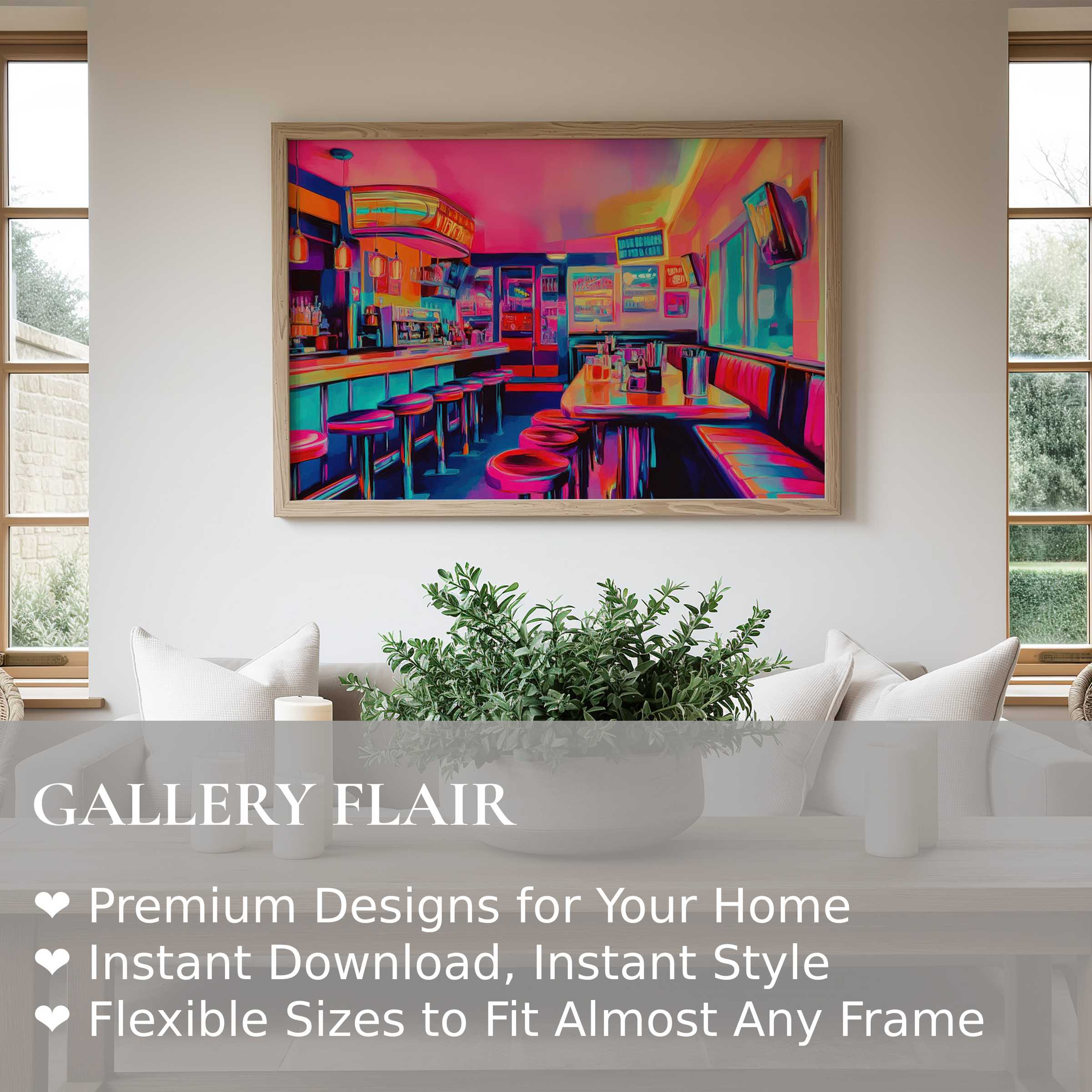 Vibrant pop art wall art print capturing a retro diner scene in bold neon hues, enhancing modern minimalist interiors with dynamic energy and color contrast