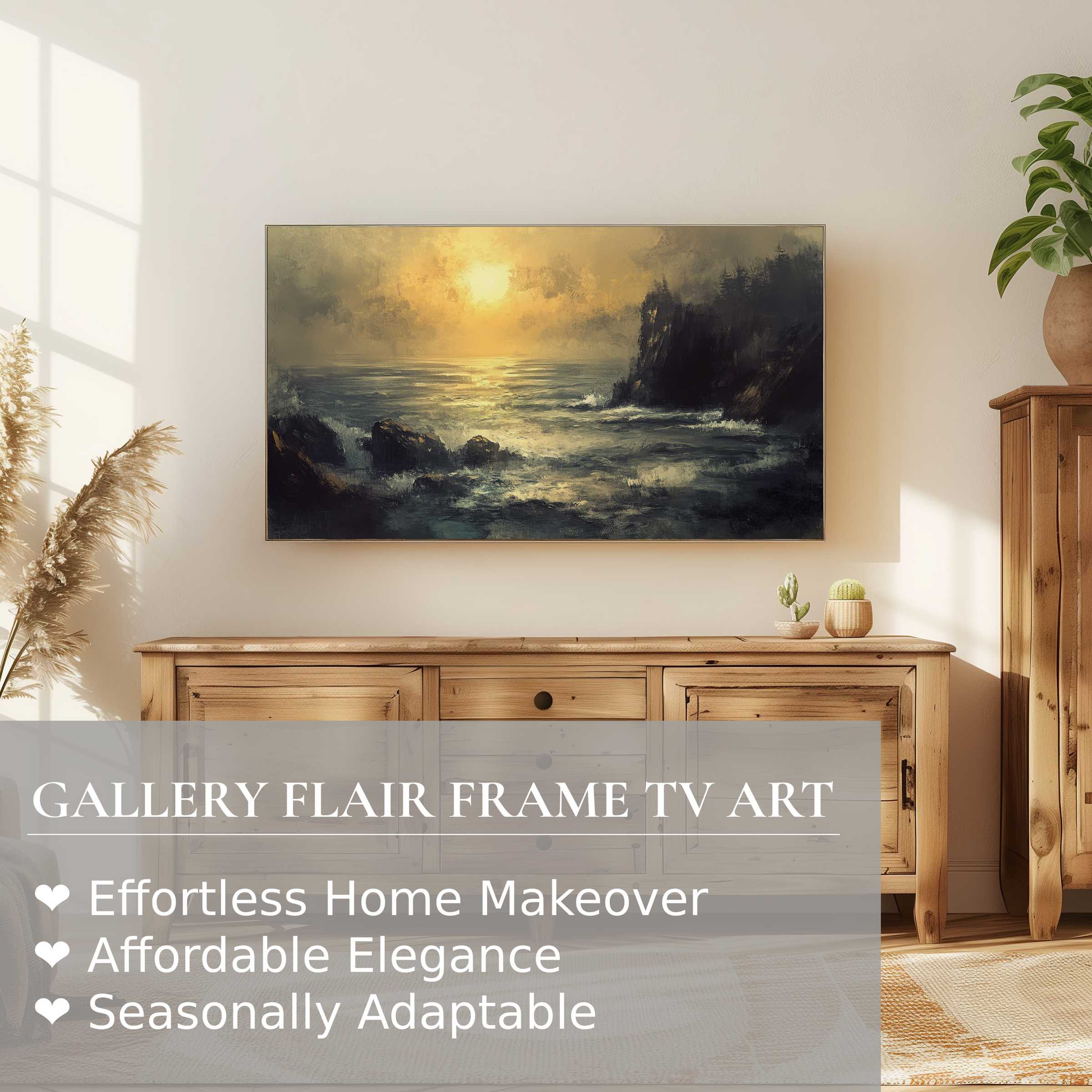 Samsung Frame TV displays moody sunset landscape digital artwork in a modern, warm, elegant living space