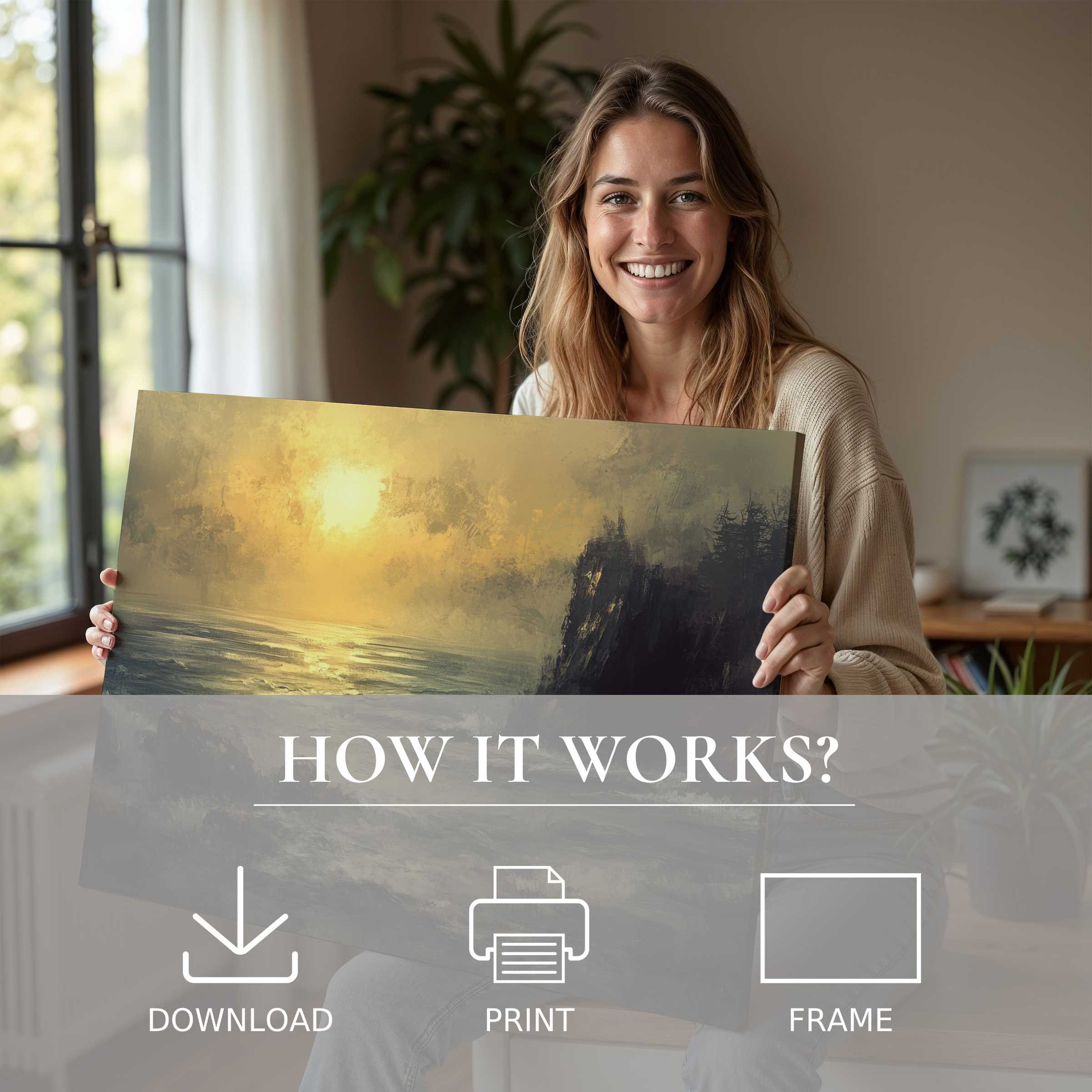 Woman in a modern home radiates joy, embracing a landscape digital art print that transforms space with serene golden hues