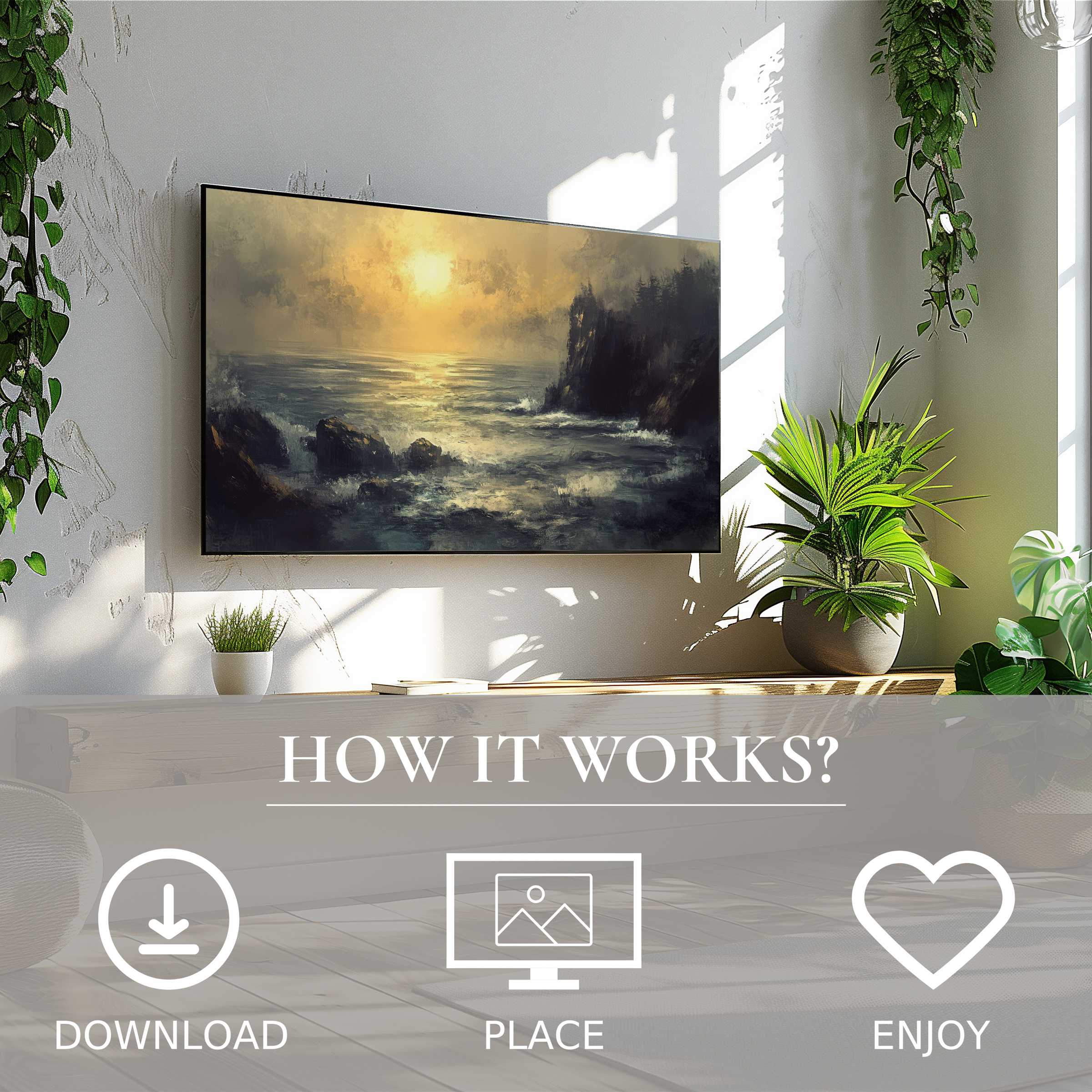 Landscape art for Samsung TV shows soft sunset tones, easy digital download enriches modern green living space