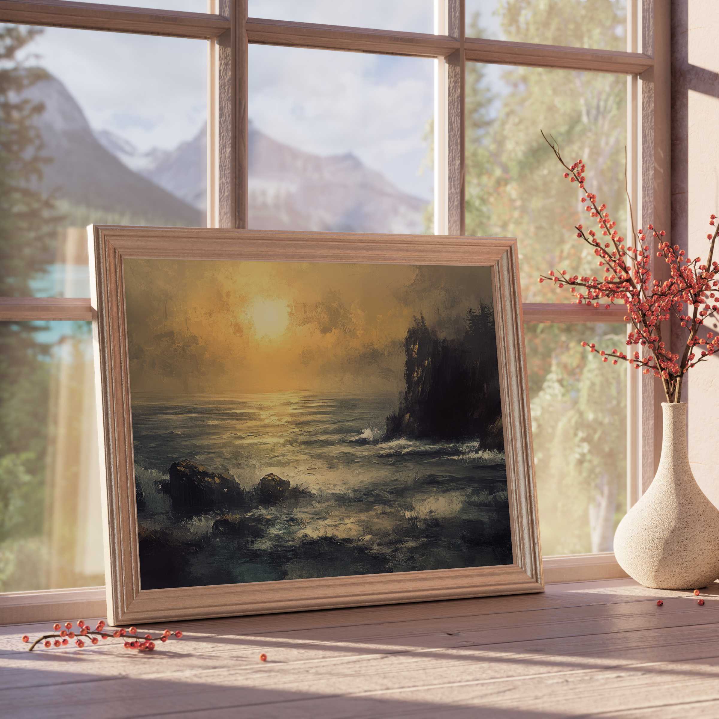 Golden sunset landscape downloadable art, evoking tranquil coastal serenity in curated, elegant interiors with soft light and natural textures