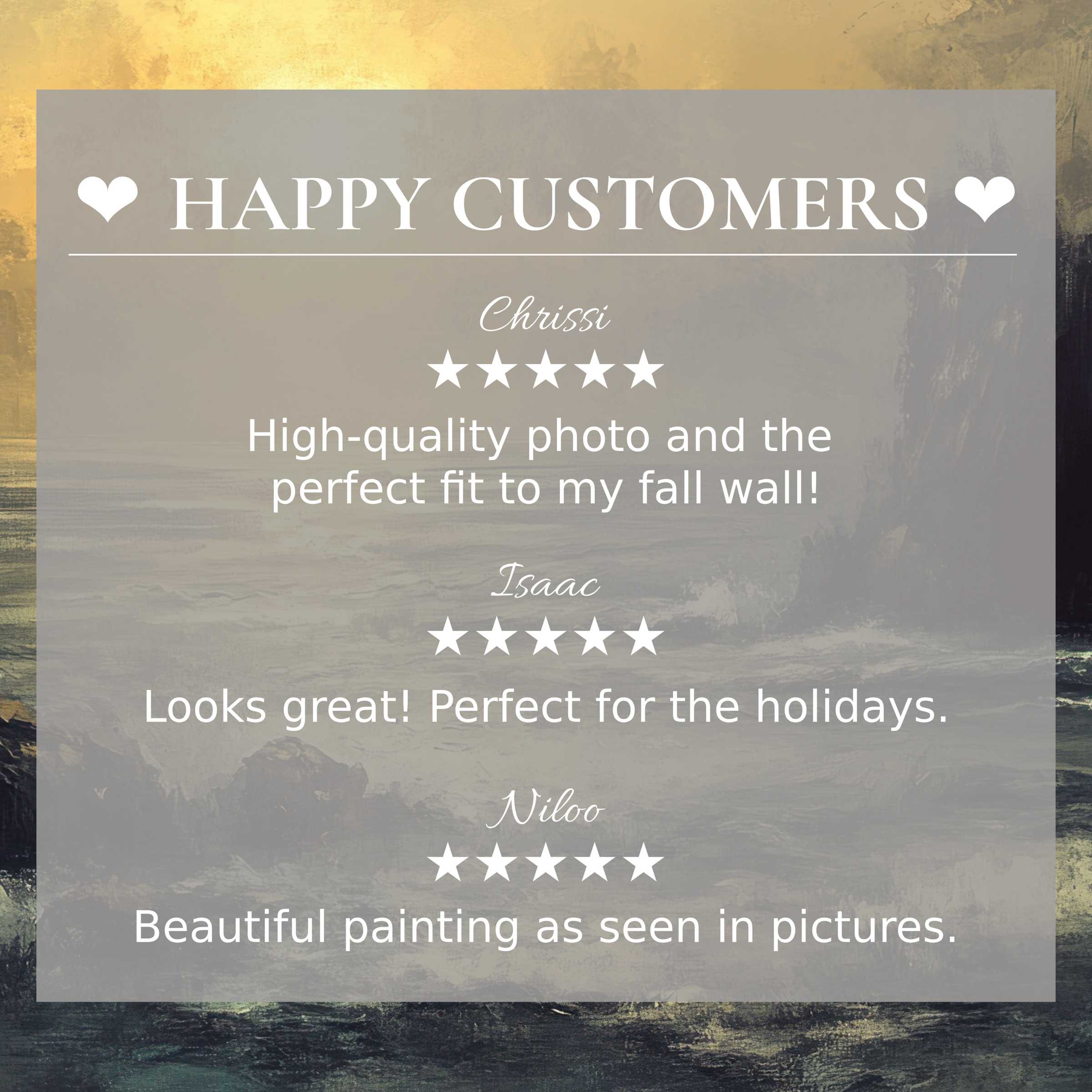 Elegant landscape art for Frame TV with abstract sunset hues and happy customer reviews building trust and style appeal