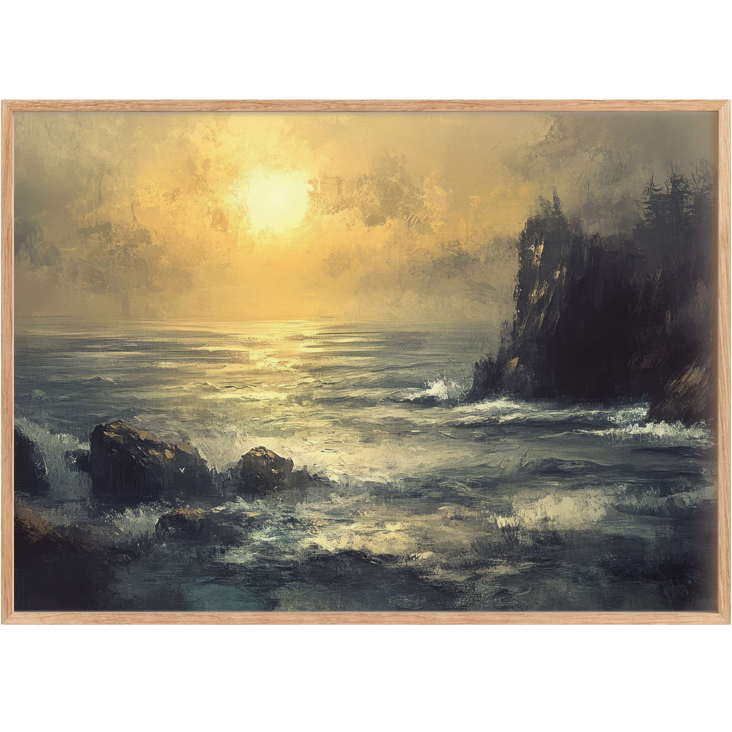 Moody landscape printable wall art capturing a golden sunset over restless ocean waves and rugged cliffs, evoking serene introspection