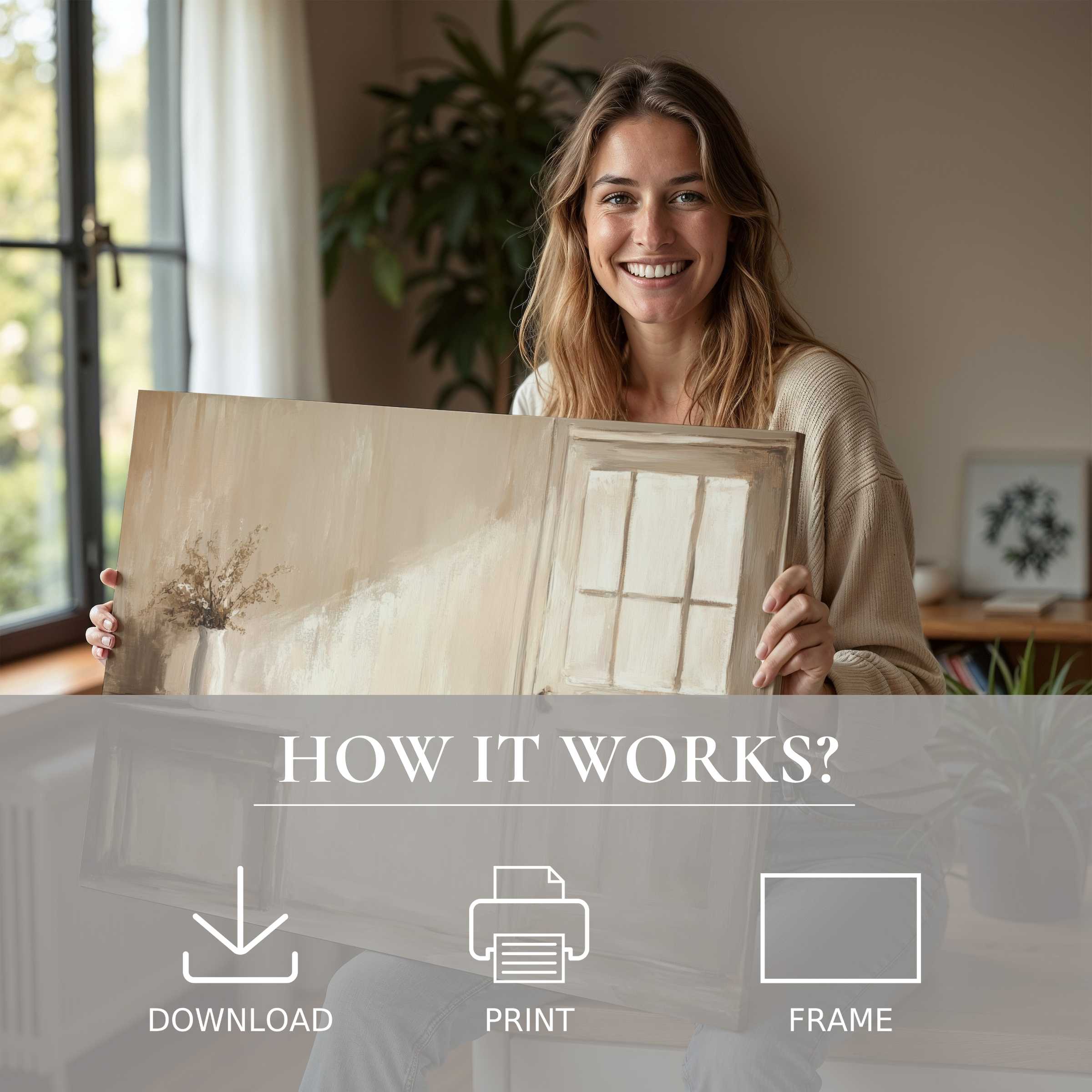 Radiant joy in a modern home, showcasing a farmhouse digital art print that elevates space with serene, timeless warmth
