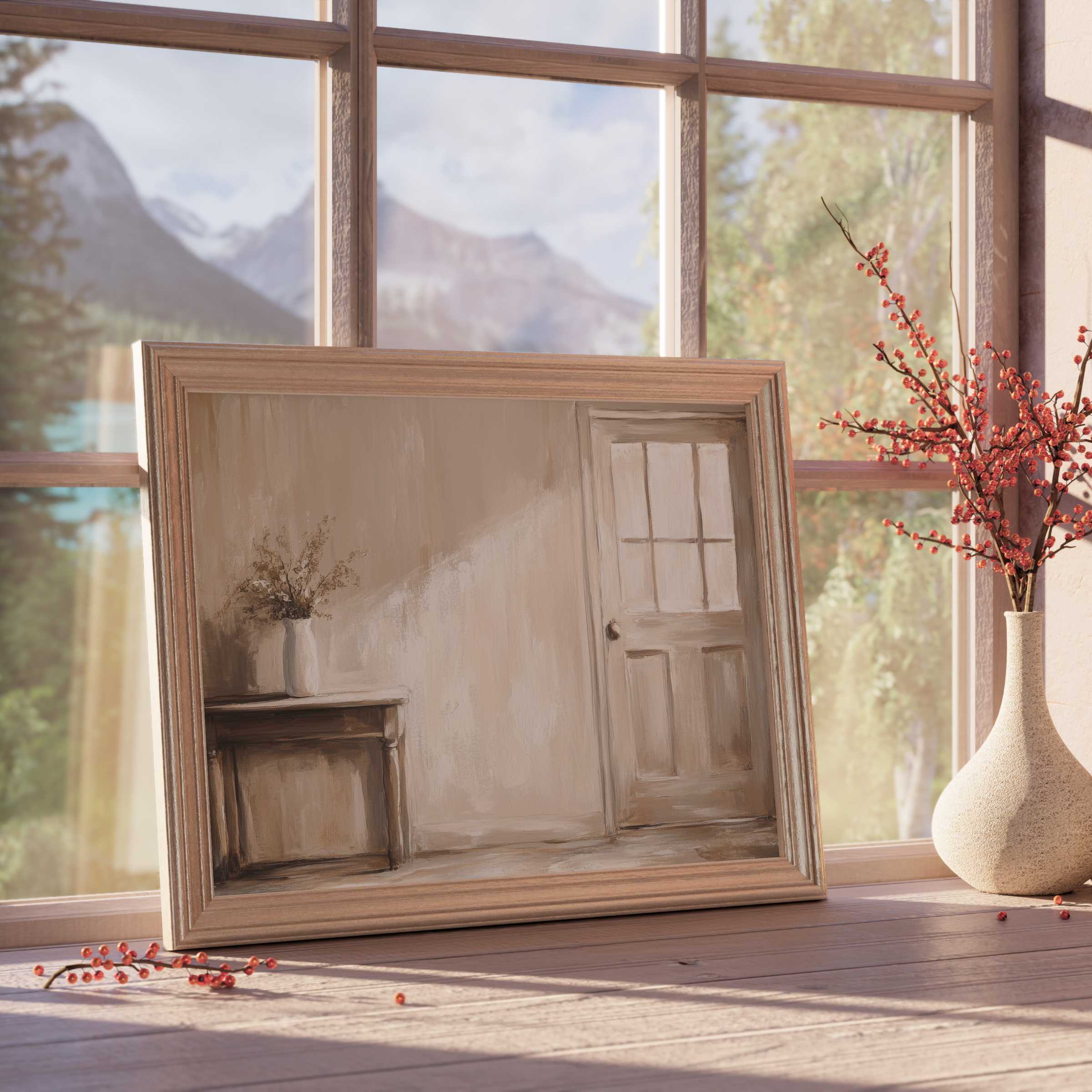 Farmhouse downloadable art capturing serene rustic interiors with soft natural light, perfect for tranquil, curated living spaces