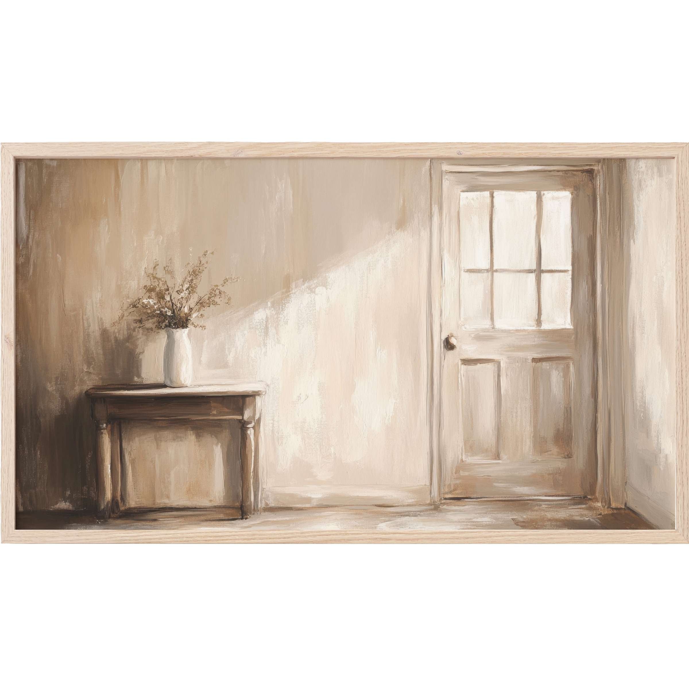 Farmhouse Frame TV Art showcasing soft beige hues with a rustic door and table, exuding elegant, modern warmth