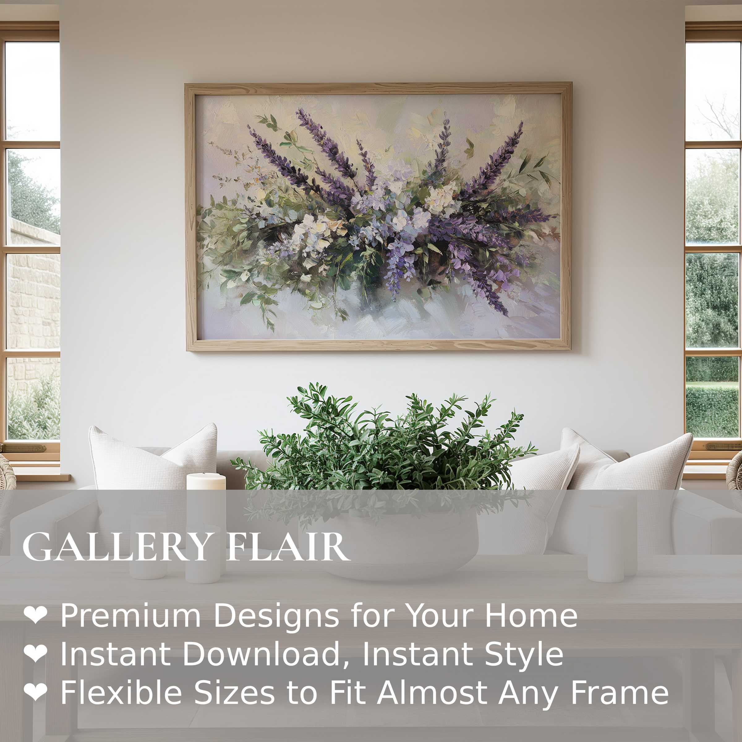 Elegant floral wall art print with lavender and soft greenery, enhancing serene modern farmhouse interiors with calming, natural beauty