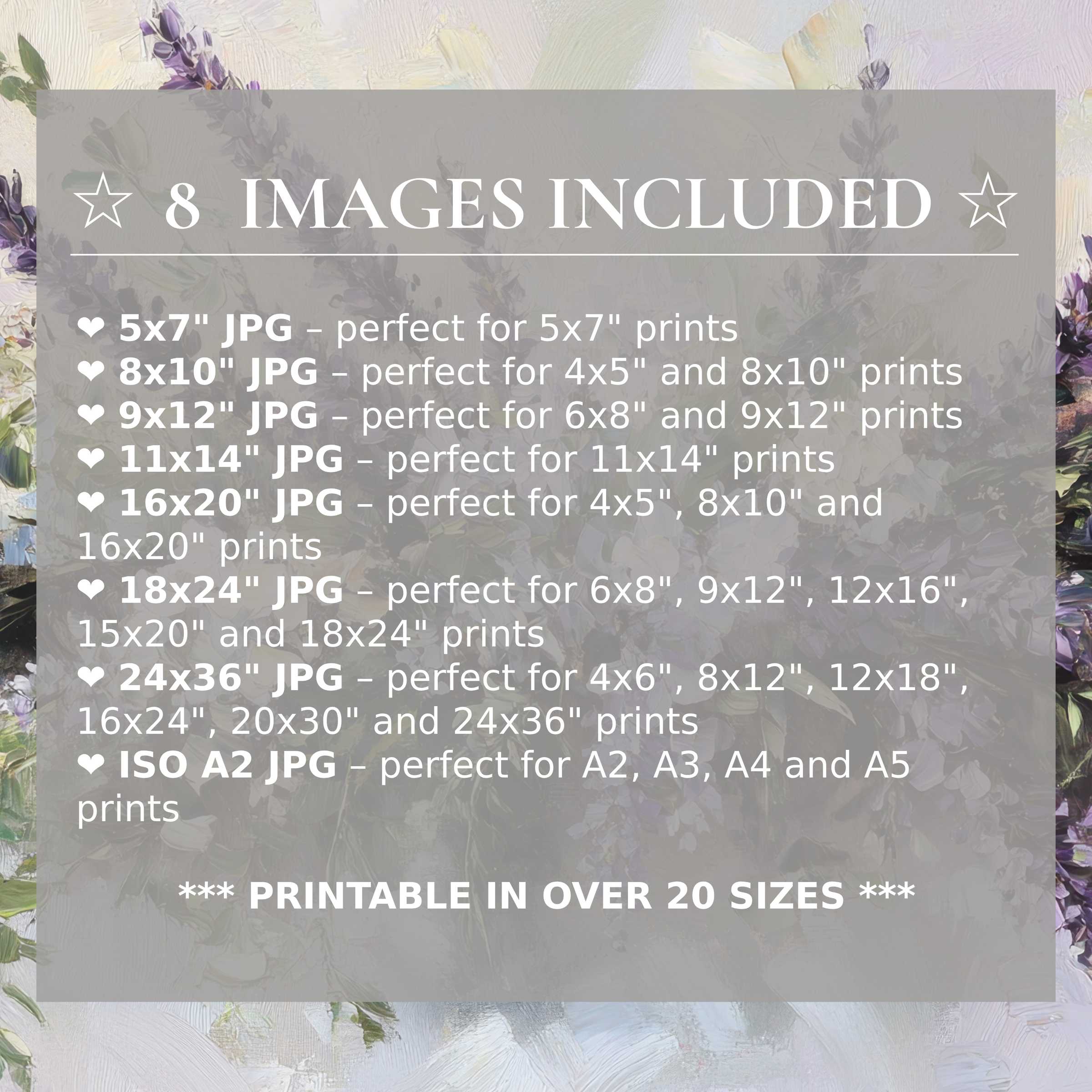 Radiant floral digital print in soft lavenders and creamy whites, offered in 8 high-quality sizes to elevate modern interiors with versatile elegance