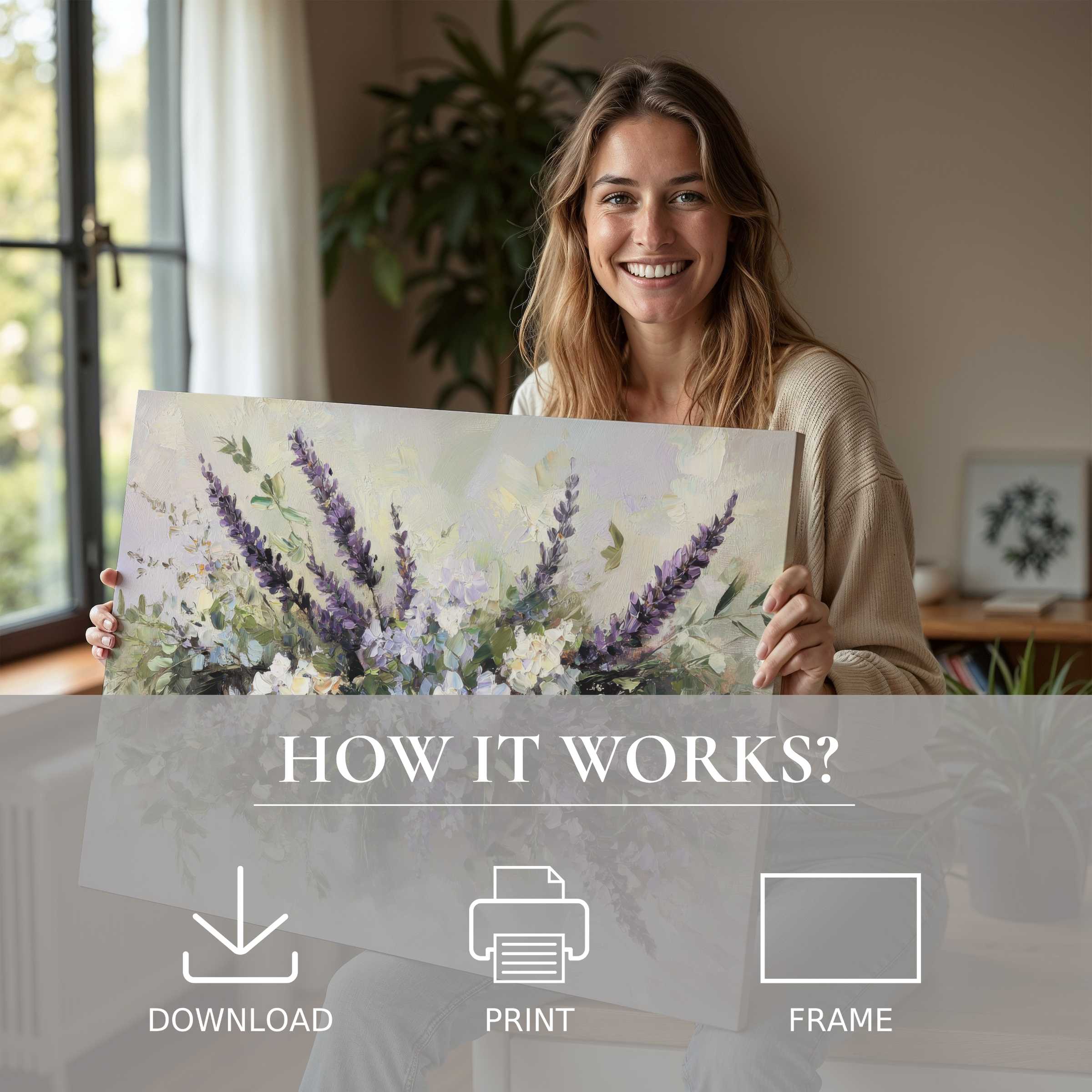 A radiant woman in a modern home embraces a floral digital art print, capturing the joy and serenity of effortlessly living with refined nature-inspired beauty
