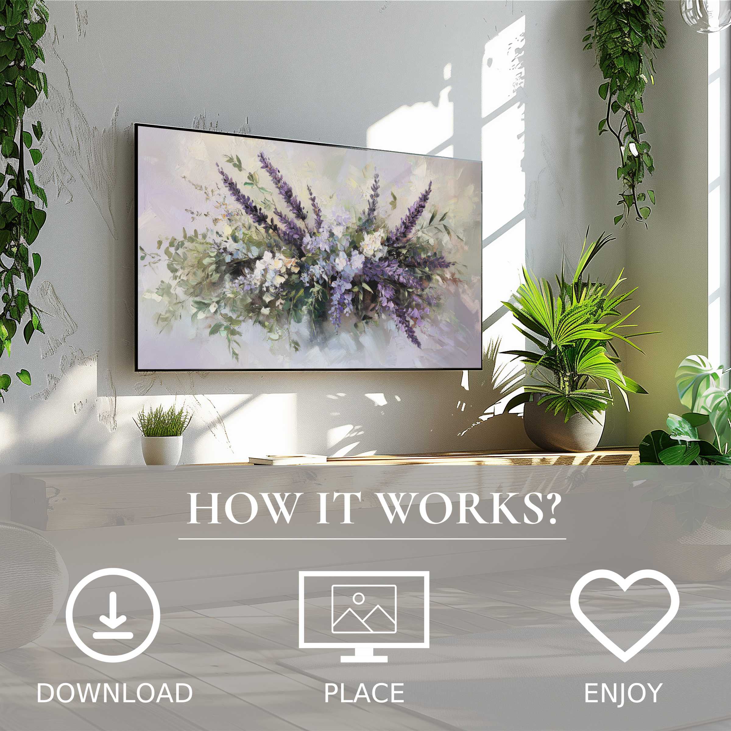 Floral art for Samsung TV shows soft lavender and green hues, easy digital download enriching modern living spaces
