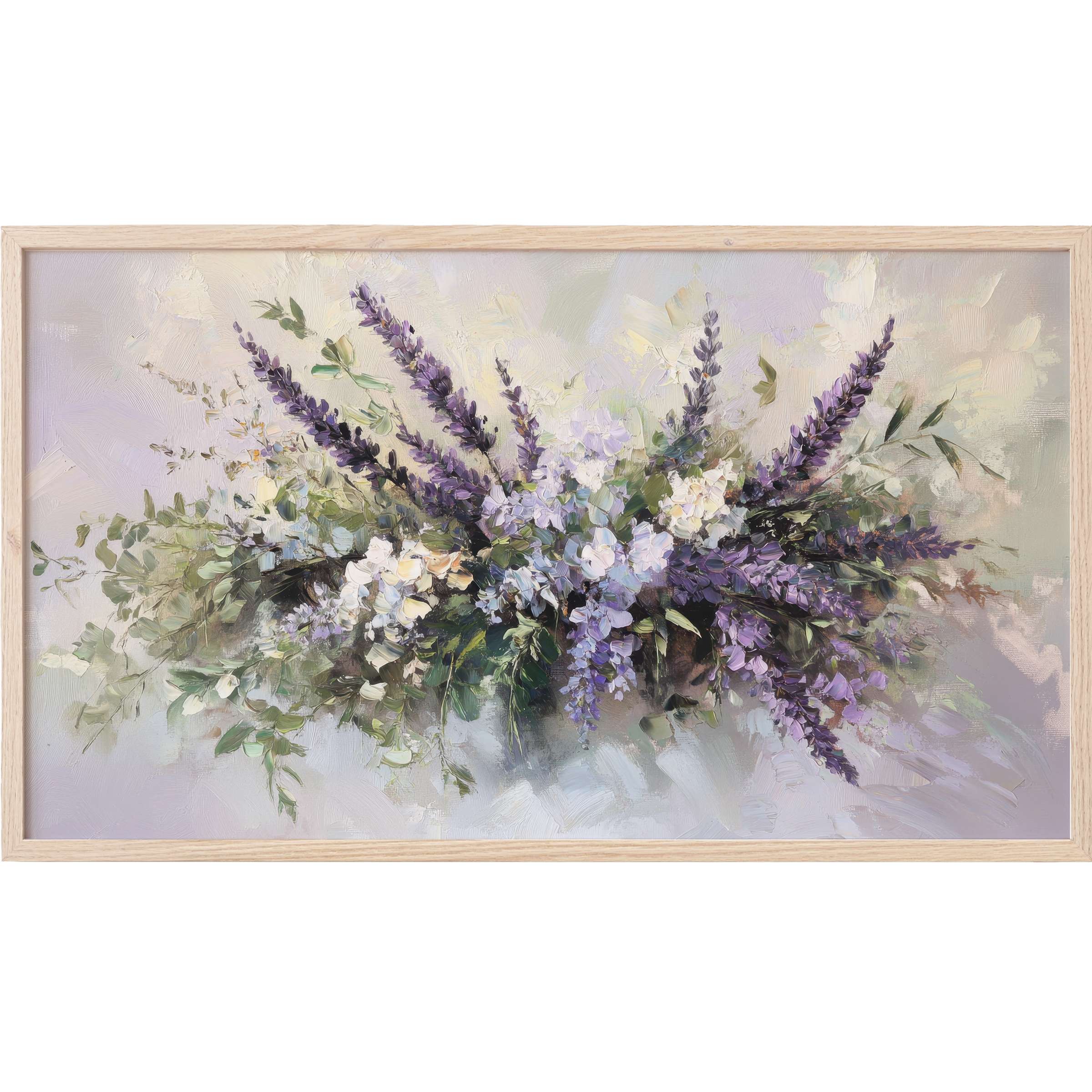 Floral Frame TV Art with soft lavender and cream blooms in an impressionist style, framed in natural wood