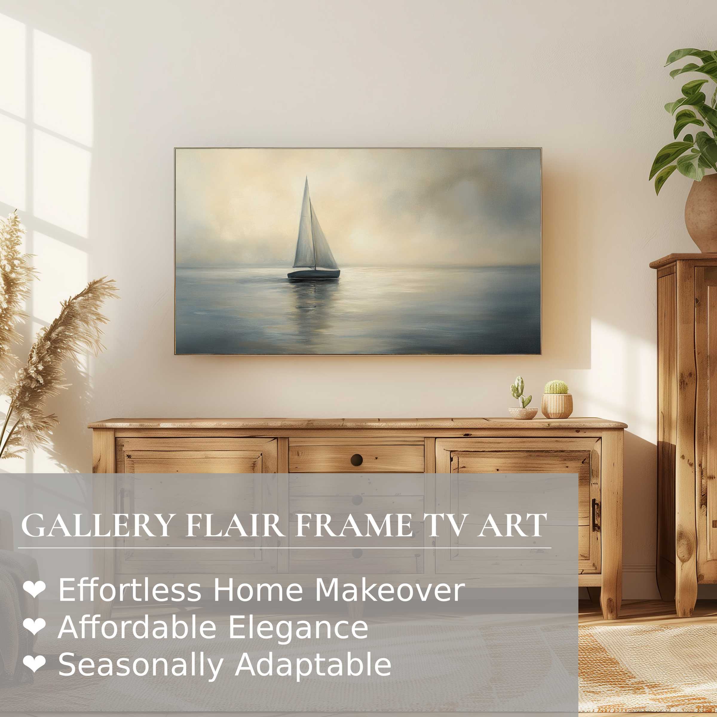 Samsung Frame TV displays calm, coastal digital artwork in a serene, modern living space with warm wood tones