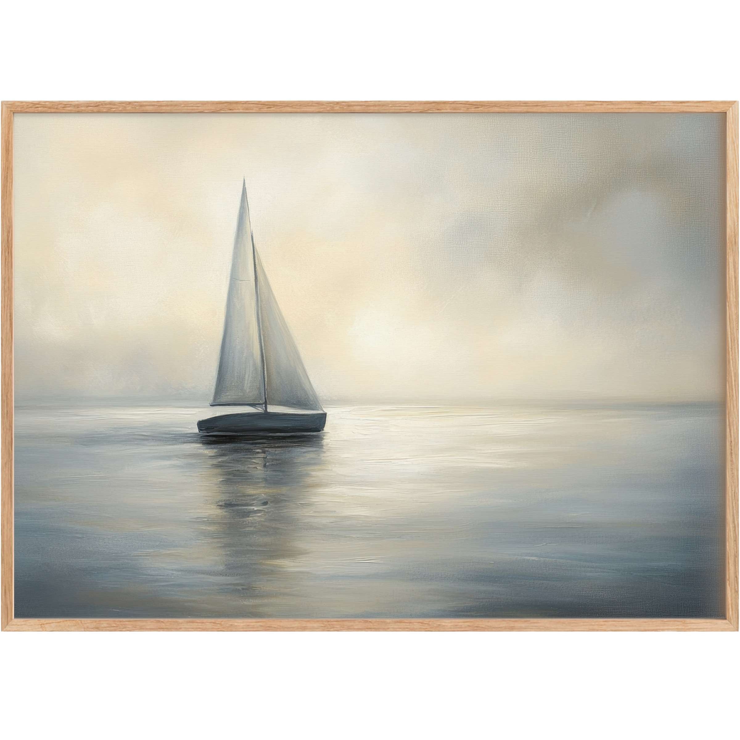Coastal printable wall art featuring a serene sailboat at dawn, with soft blues and warm neutrals evoking calm and elegance