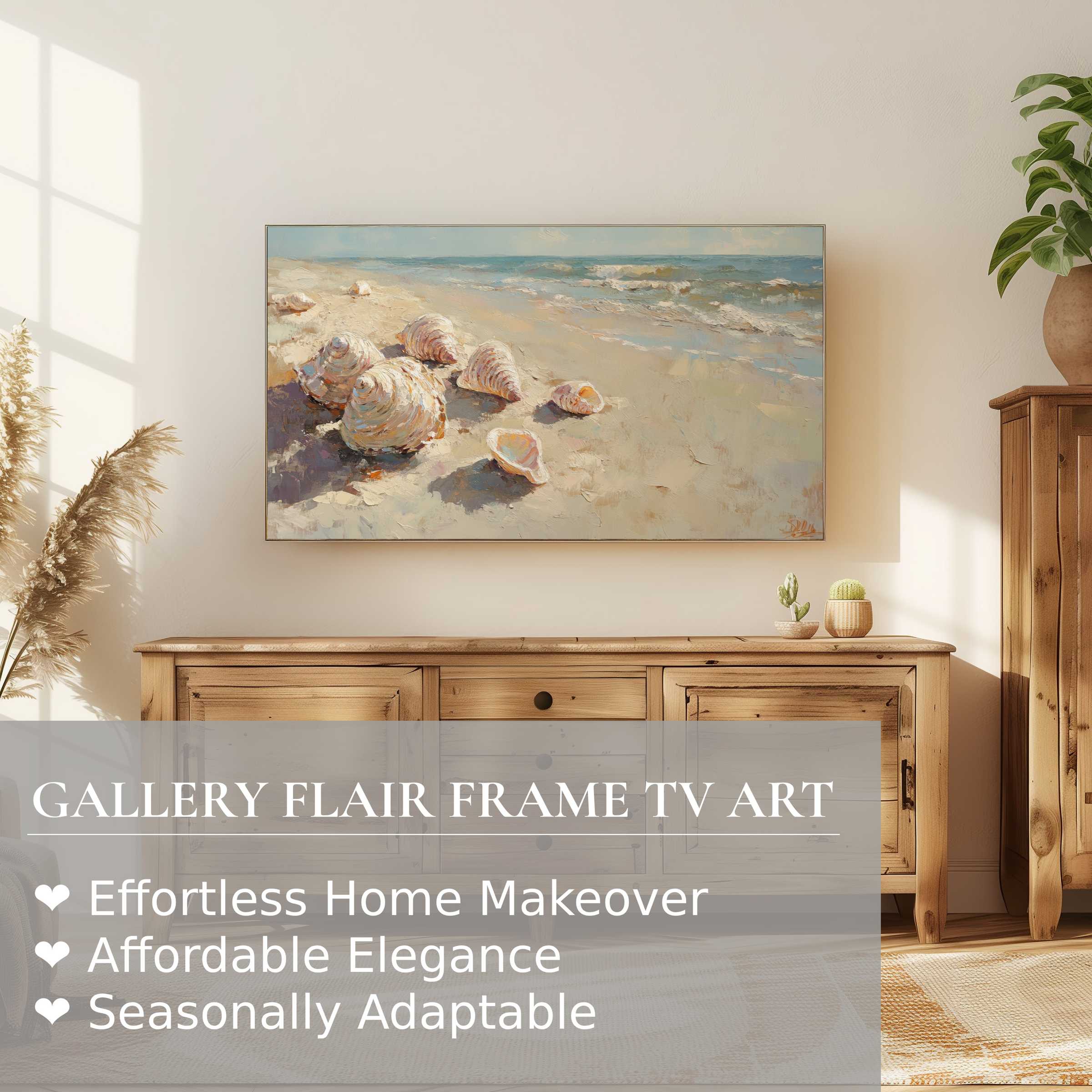 Samsung Frame TV displaying summer digital artwork of seashells on a serene beach in a modern, warm living space