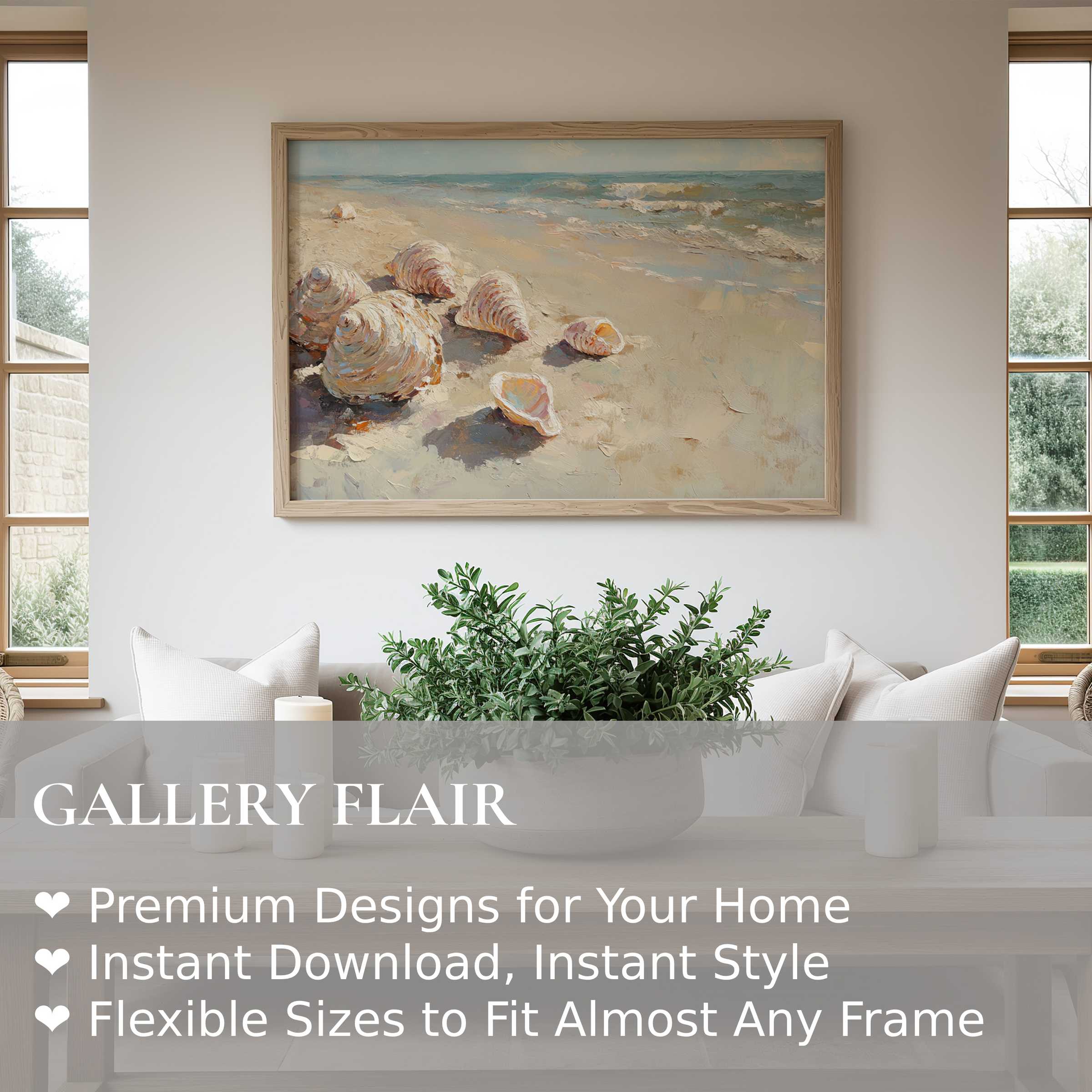 Summer wall art print capturing serene seashells on a sunlit shore, enhancing minimalist coastal decor with calming, natural elegance