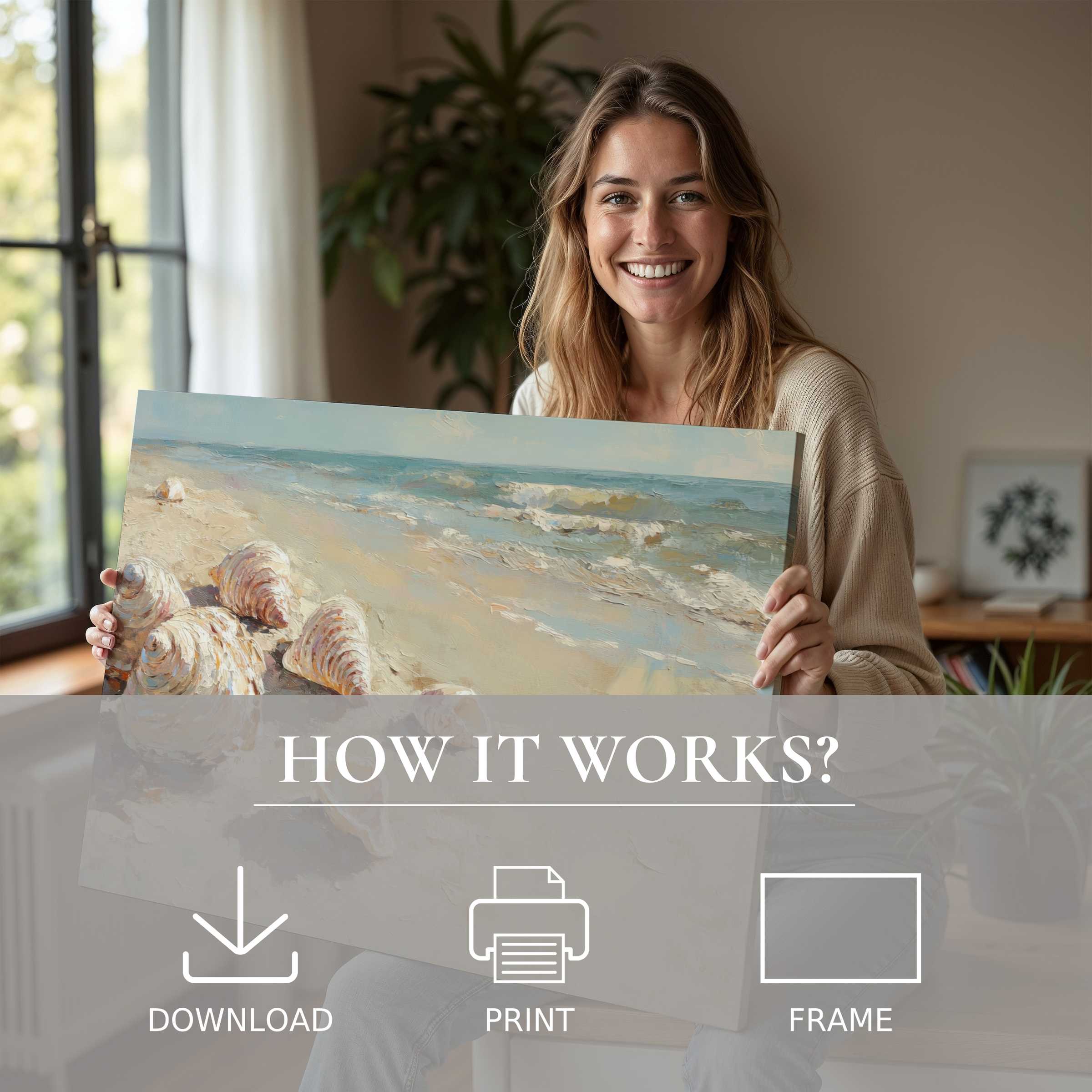 Sunlit moment of connection with a summer digital art print evoking coastal calm in a stylish modern home