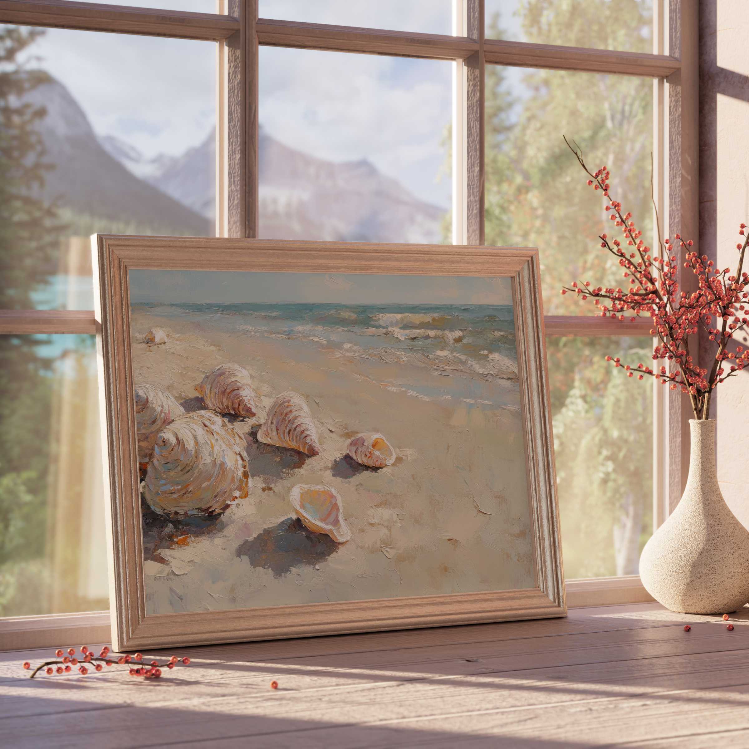 Summer downloadable art of softly sunlit seashells on a tranquil beach, perfect for elevating serene, curated interiors