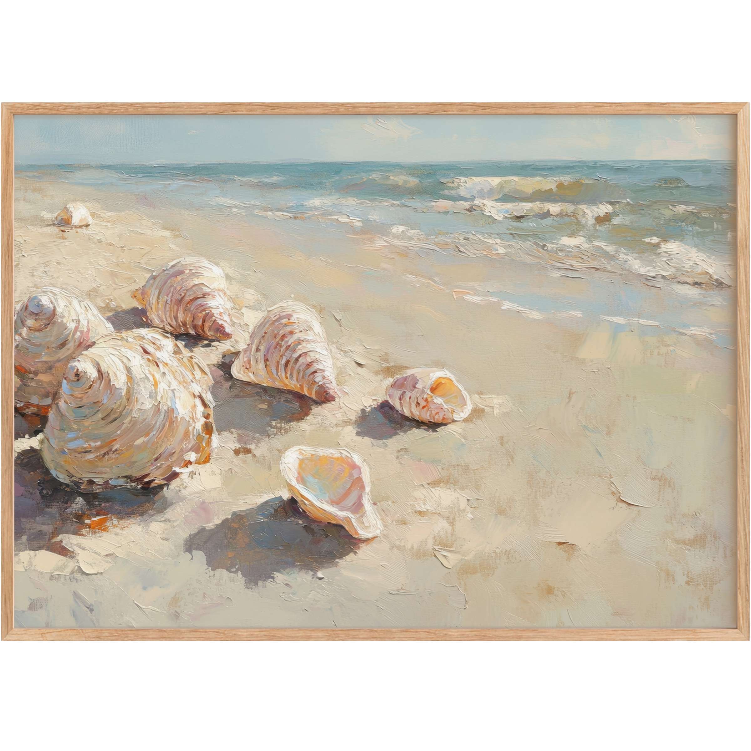 Serene summer printable wall art capturing sunlit seashells on soft sandy shores with calming blues and warm neutrals
