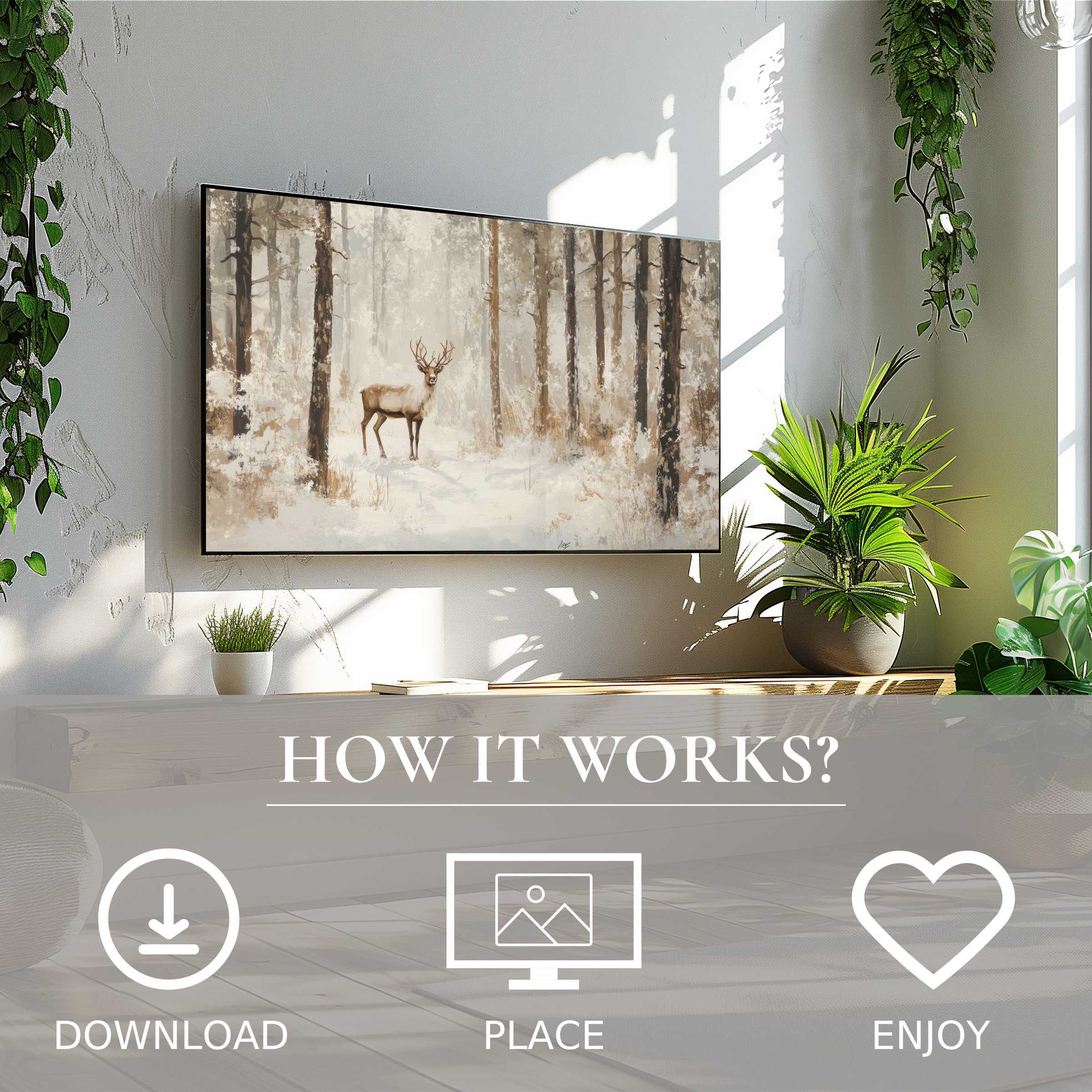 Modern living room with minimalist decor, christmas art for Samsung TV shows soft winter forest tones, easy digital download